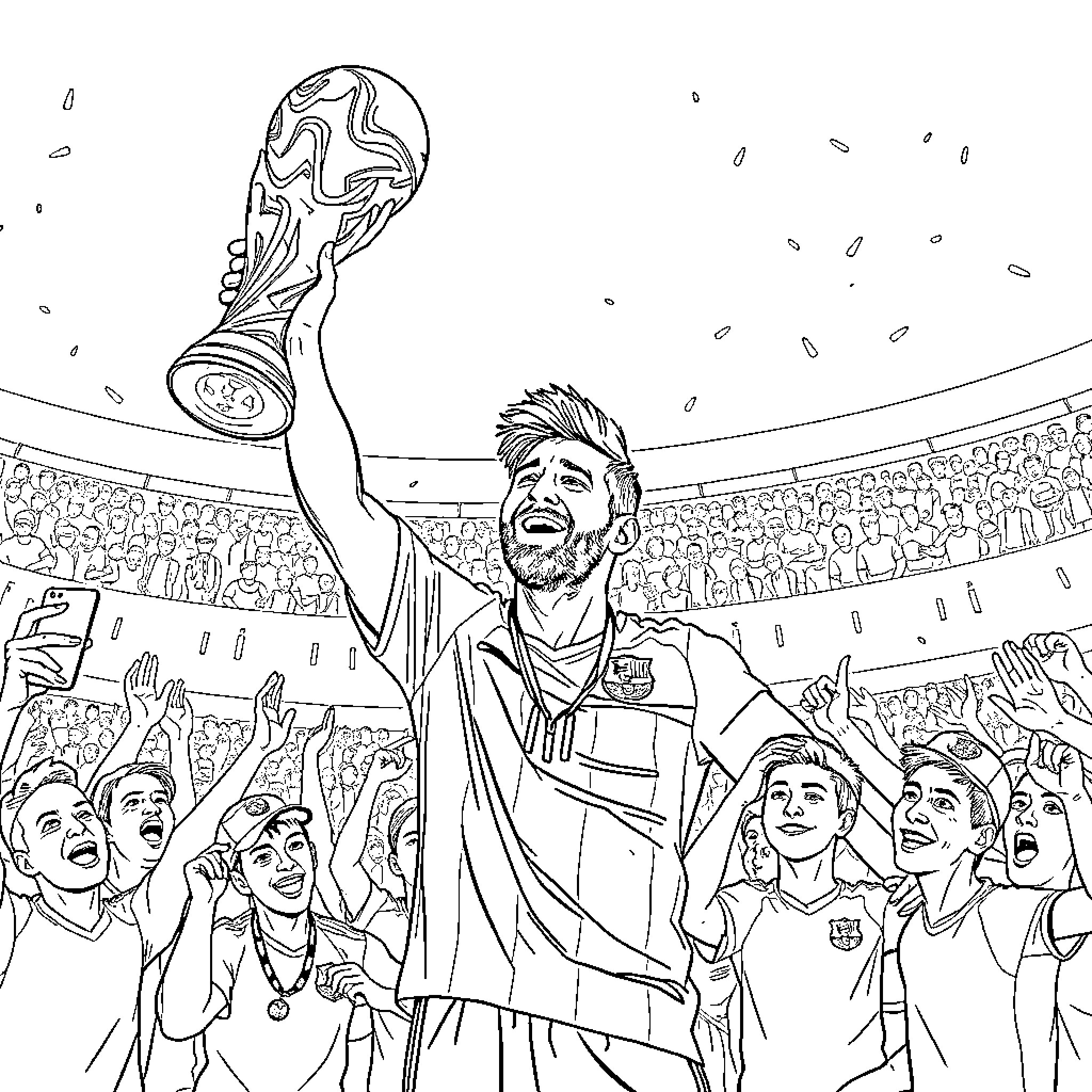 Messi celebrates with trophy amidst adoring fans Coloring Page (free black-and-white line drawing printable PDF for all, from beginners to advanced learners, including children, teens, adults, and seniors)
