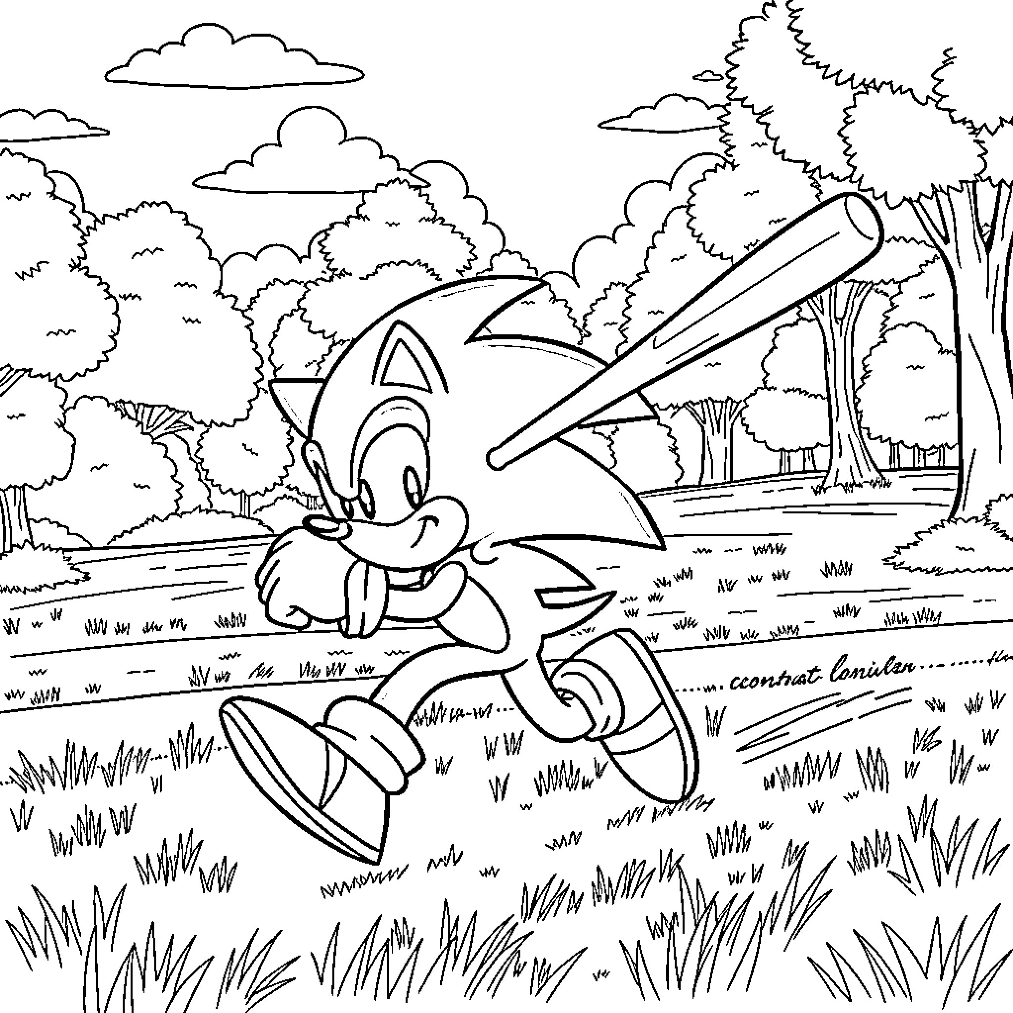 Sonic dashing through the vibrant forest landscape Coloring Page (free black-and-white line drawing printable PDF for all, from beginners to advanced learners, including children, teens, adults, and seniors)