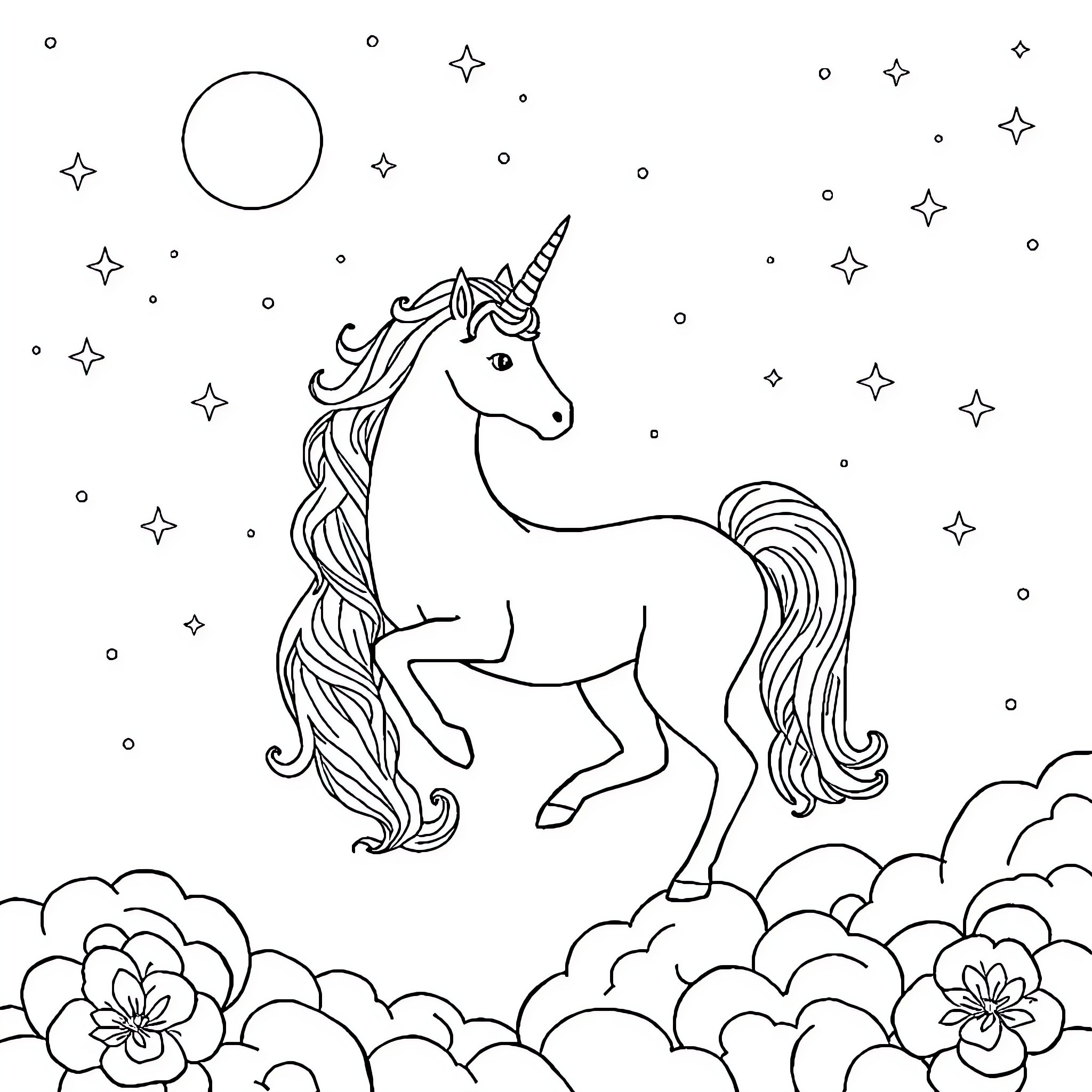 Unicorn standing amidst starry night and floral scenery Coloring Page (free black-and-white line drawing printable PDF for all, from beginners to advanced learners, including children, teens, adults, and seniors)