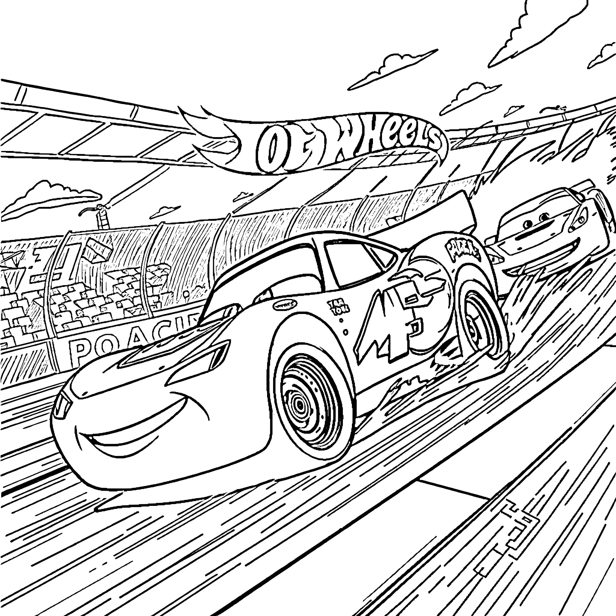 Lightning McQueen racing on the track Coloring Page (free black-and-white line drawing printable PDF for all, from beginners to advanced learners, including children, teens, adults, and seniors)