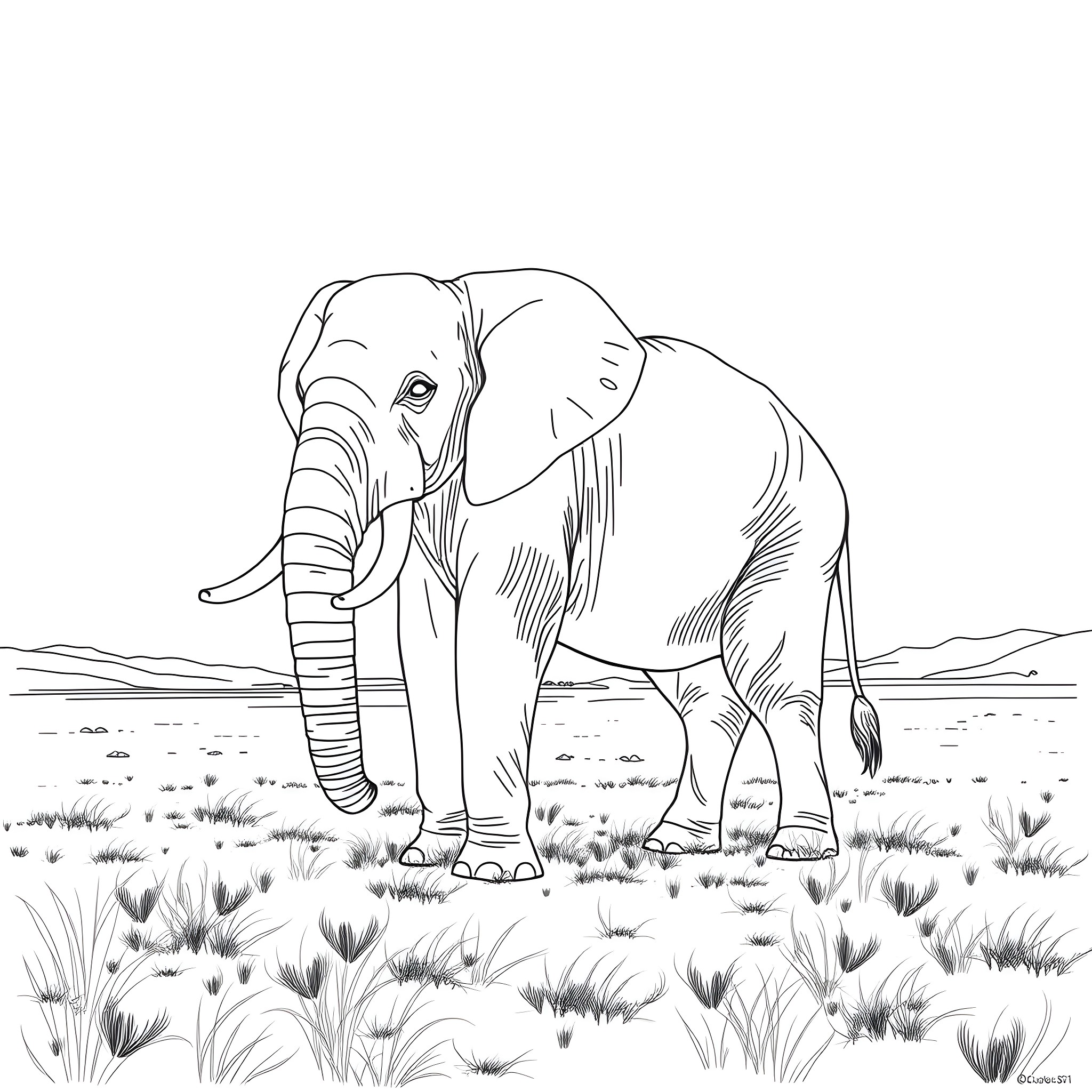 Elephant standing proudly in the wilderness Coloring Page (free black-and-white line drawing printable PDF for all, from beginners to advanced learners, including children, teens, adults, and seniors)
