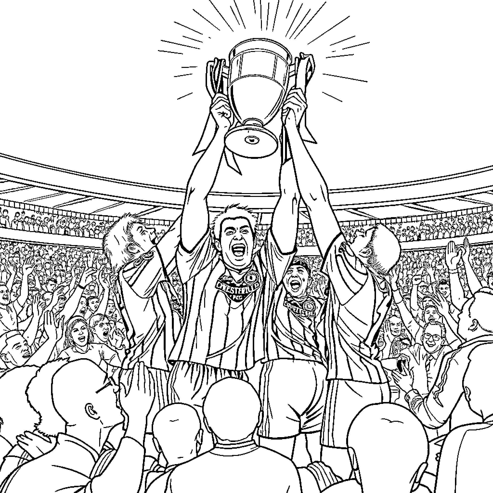 Chesterfield FC Players Celebrating Trophy Win with Fans Coloring Page (free black-and-white line drawing printable PDF for all, from beginners to advanced learners, including children, teens, adults, and seniors)
