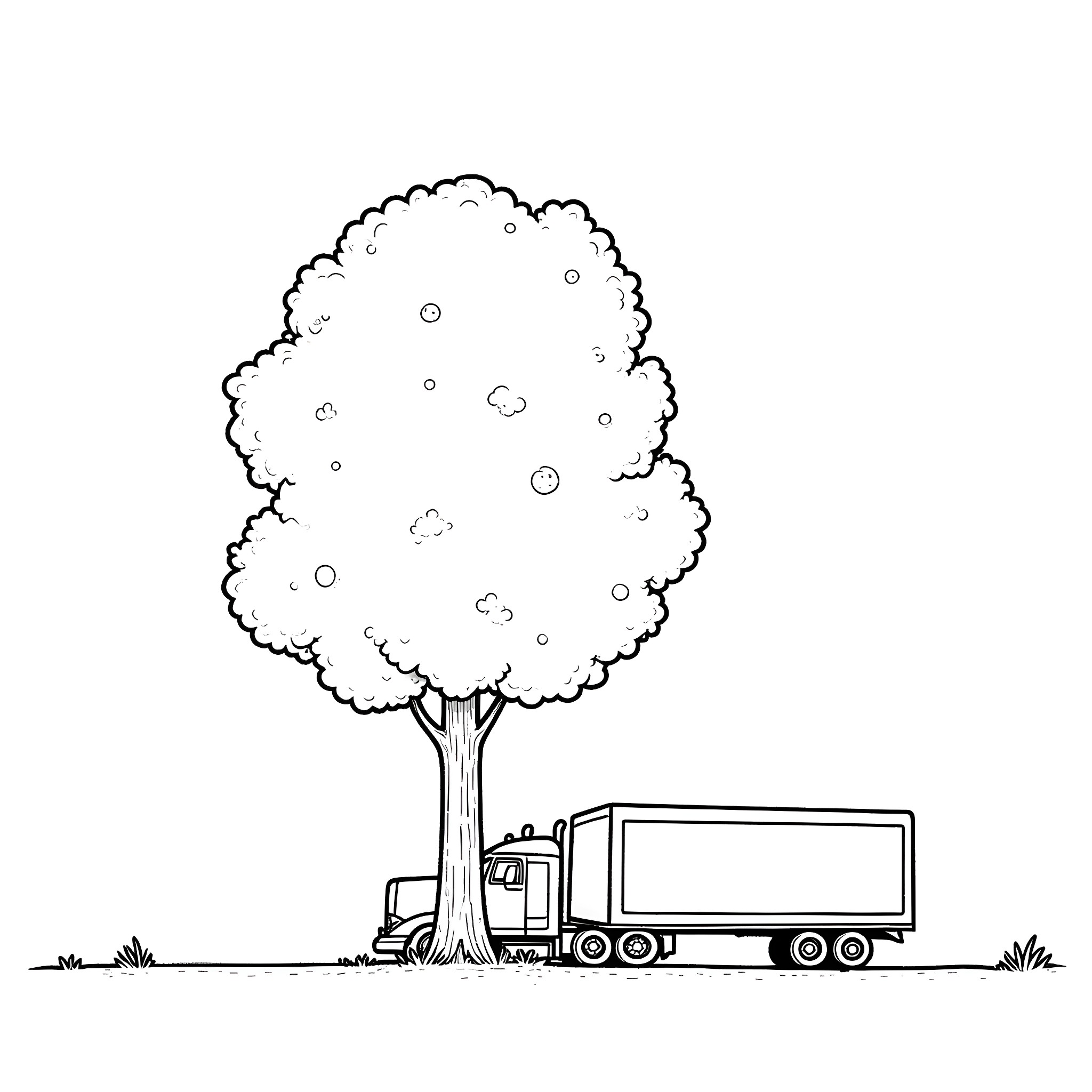 Semi Truck Parked by a Tree Coloring Page (free black-and-white line drawing printable PDF for all, from beginners to advanced learners, including children, teens, adults, and seniors)