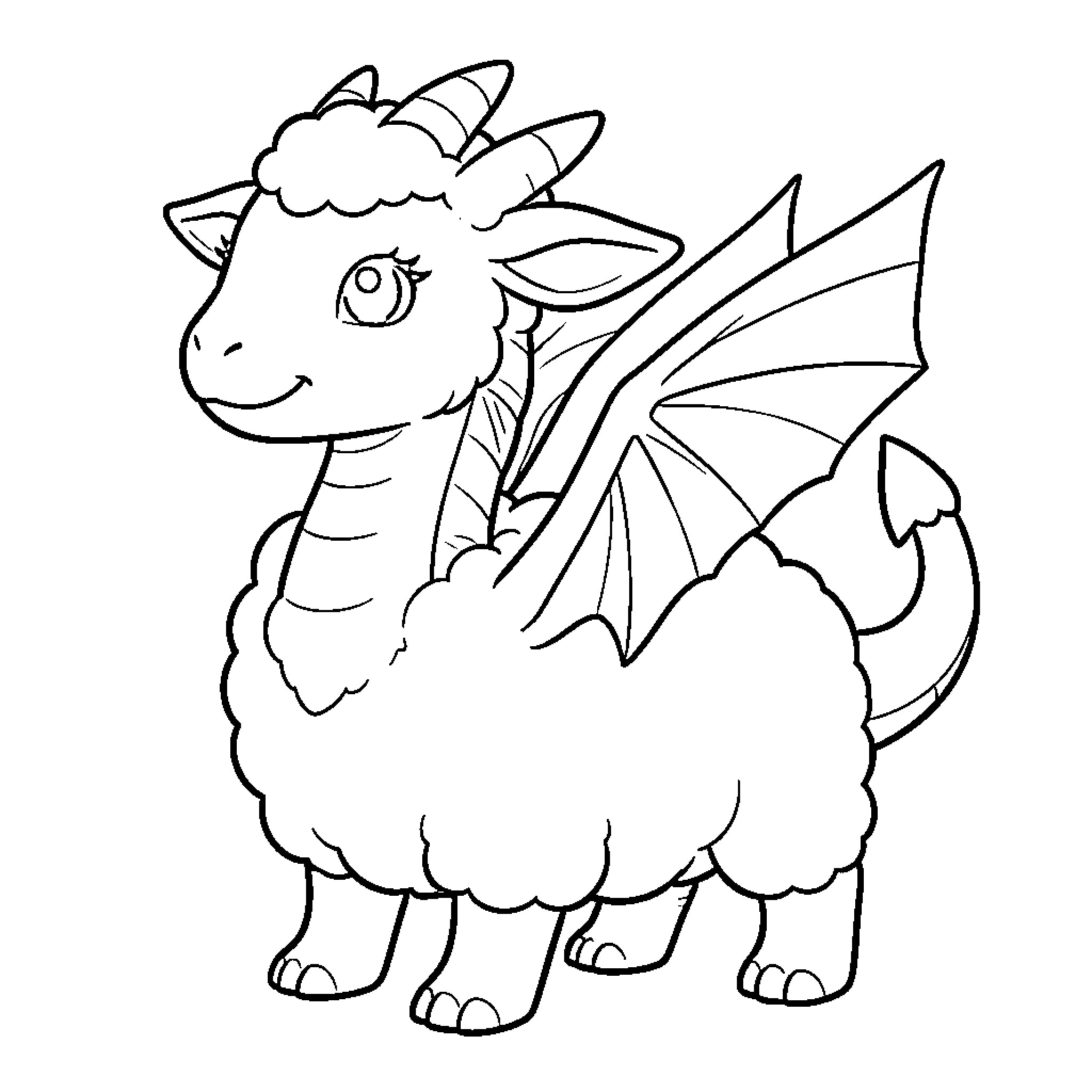 Dragon-Sheep standing with a gentle expression Coloring Page (free black-and-white line drawing printable PDF for all, from beginners to advanced learners, including children, teens, adults, and seniors)