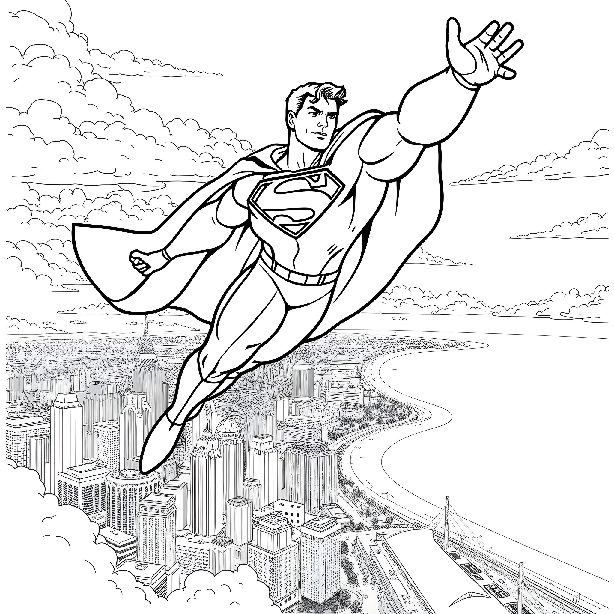 Superman soaring above the city in heroic pose Coloring Page (free black-and-white line drawing printable PDF for all, from beginners to advanced learners, including children, teens, adults, and seniors)