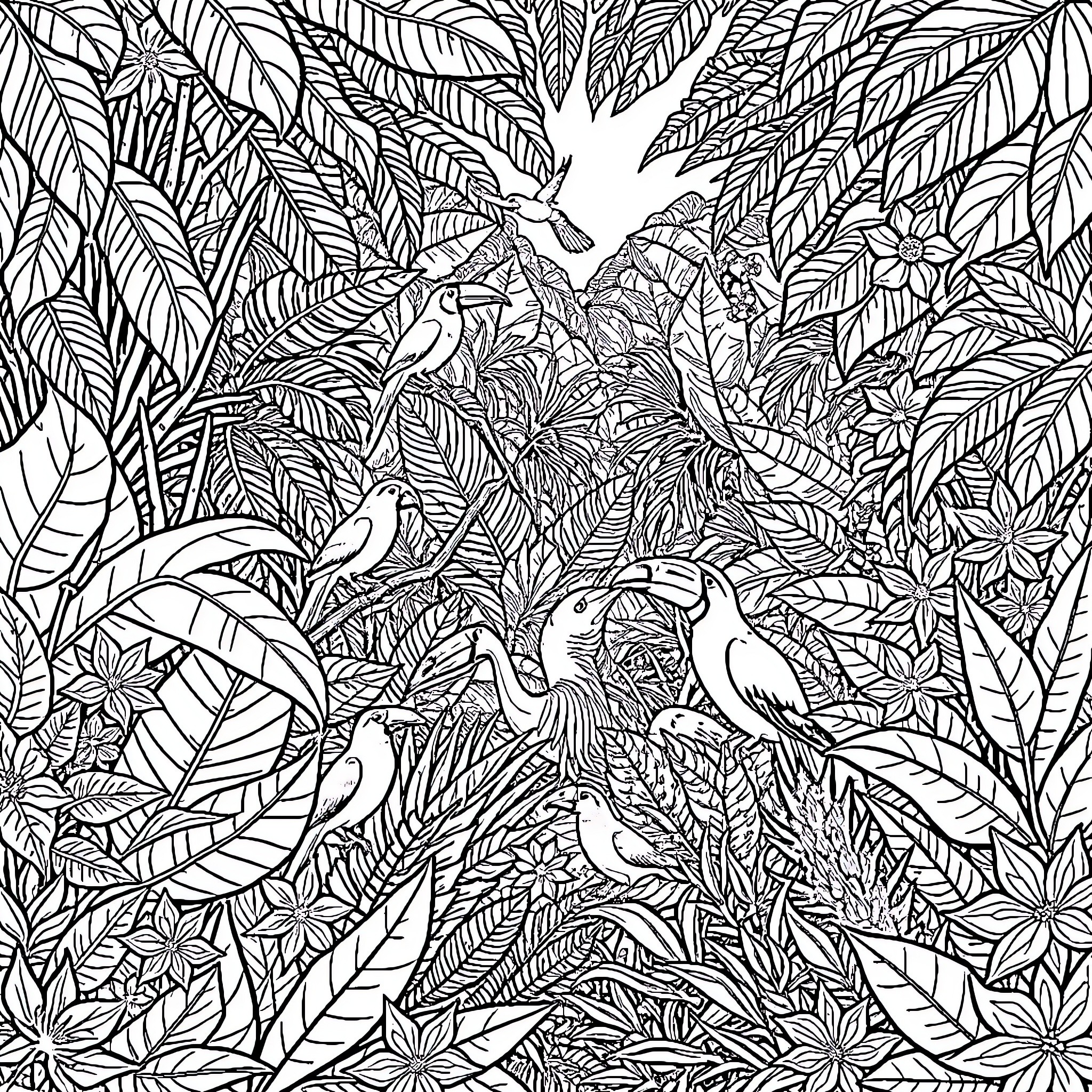 Animal jungle scene with birds and foliage Coloring Page (free black-and-white line drawing printable PDF for all, from beginners to advanced learners, including children, teens, adults, and seniors)