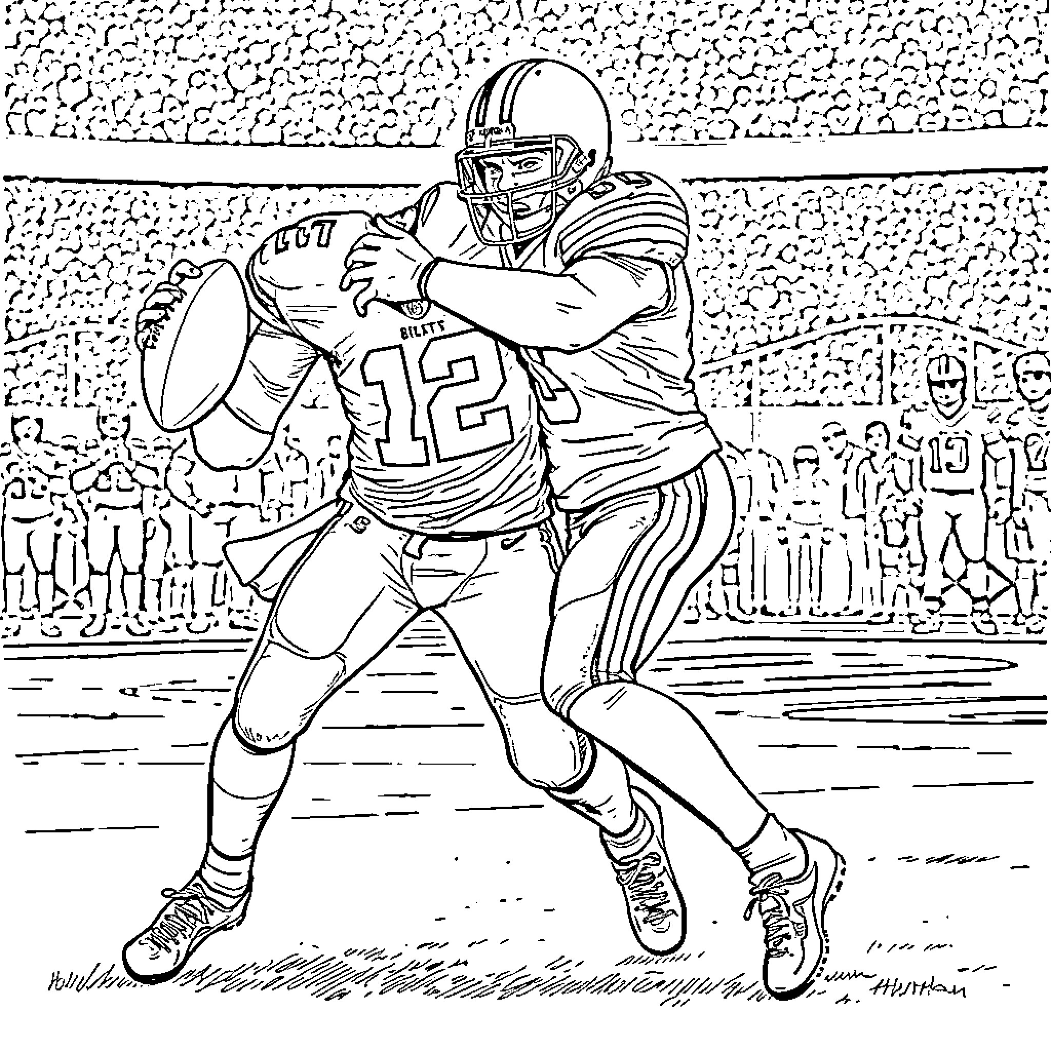 Tj Watt tackling an opponent on the football field Coloring Page (free black-and-white line drawing printable PDF for all, from beginners to advanced learners, including children, teens, adults, and seniors)