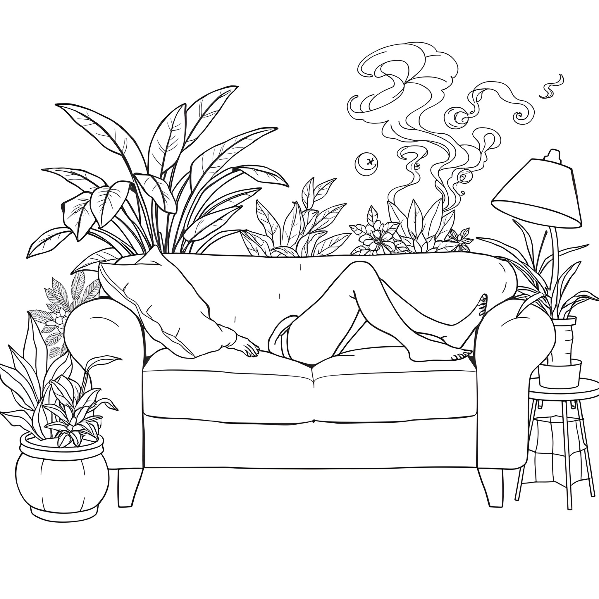 Stoner Girl Lounging Amid Lush Foliage Coloring Page (free black-and-white line drawing printable PDF for all, from beginners to advanced learners, including children, teens, adults, and seniors)