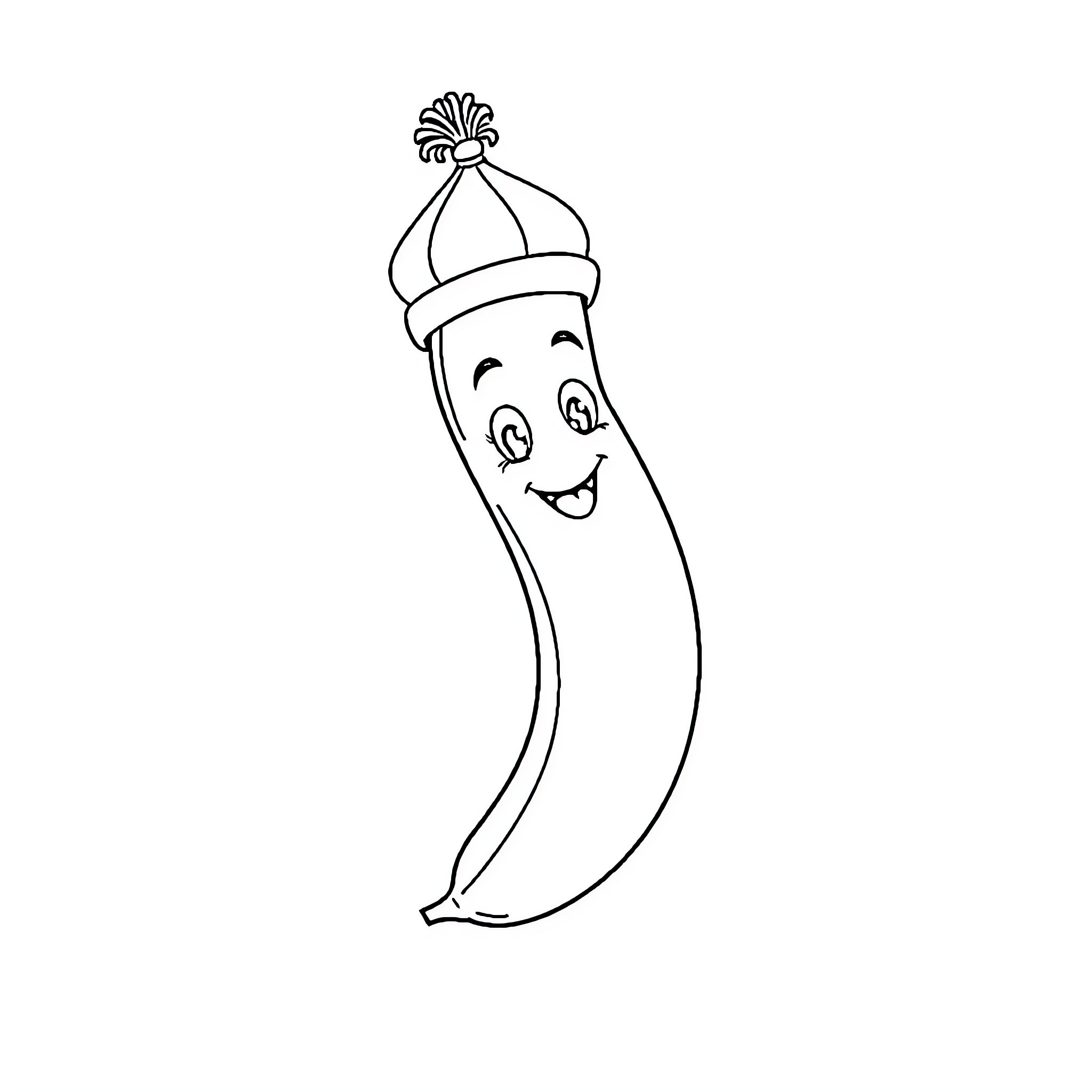 Banana wearing a funny hat and smiling Coloring Page (free black-and-white line drawing printable PDF for all, from beginners to advanced learners, including children, teens, adults, and seniors)