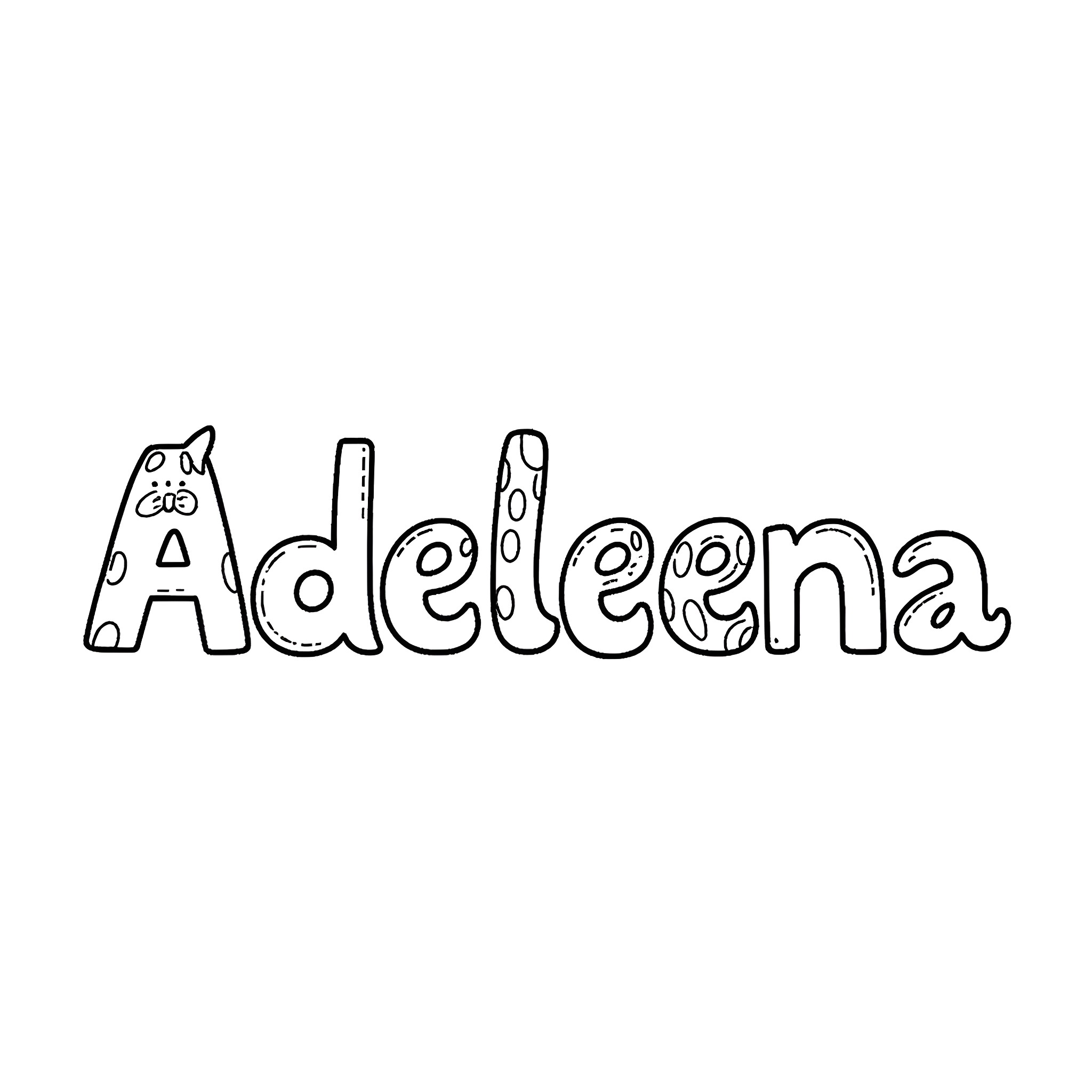 Adeleena's Playful Name Coloring Page (free black-and-white line drawing printable PDF for all, from beginners to advanced learners, including children, teens, adults, and seniors)