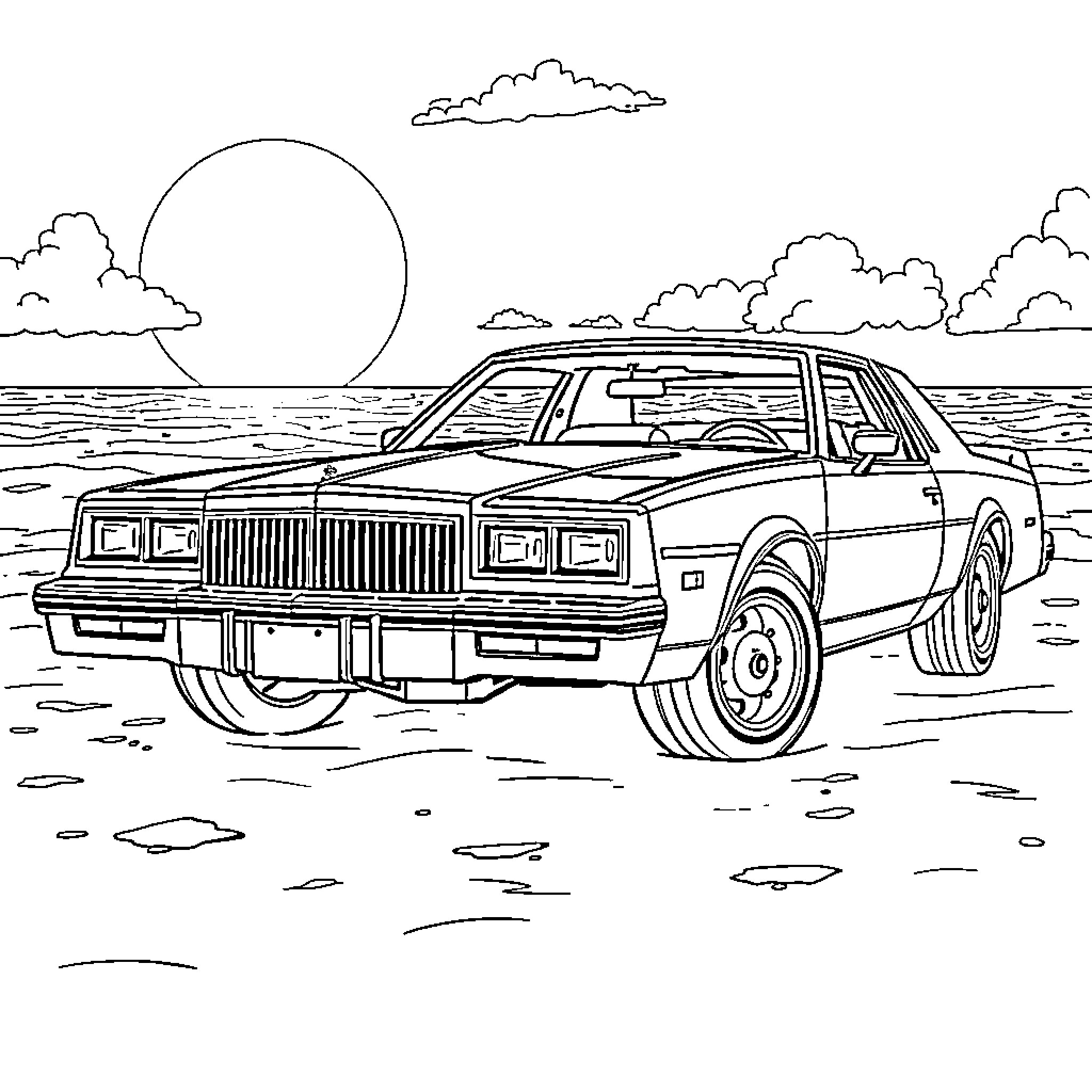 Cutlass classic car on beach at sunset Coloring Page (free black-and-white line drawing printable PDF for all, from beginners to advanced learners, including children, teens, adults, and seniors)