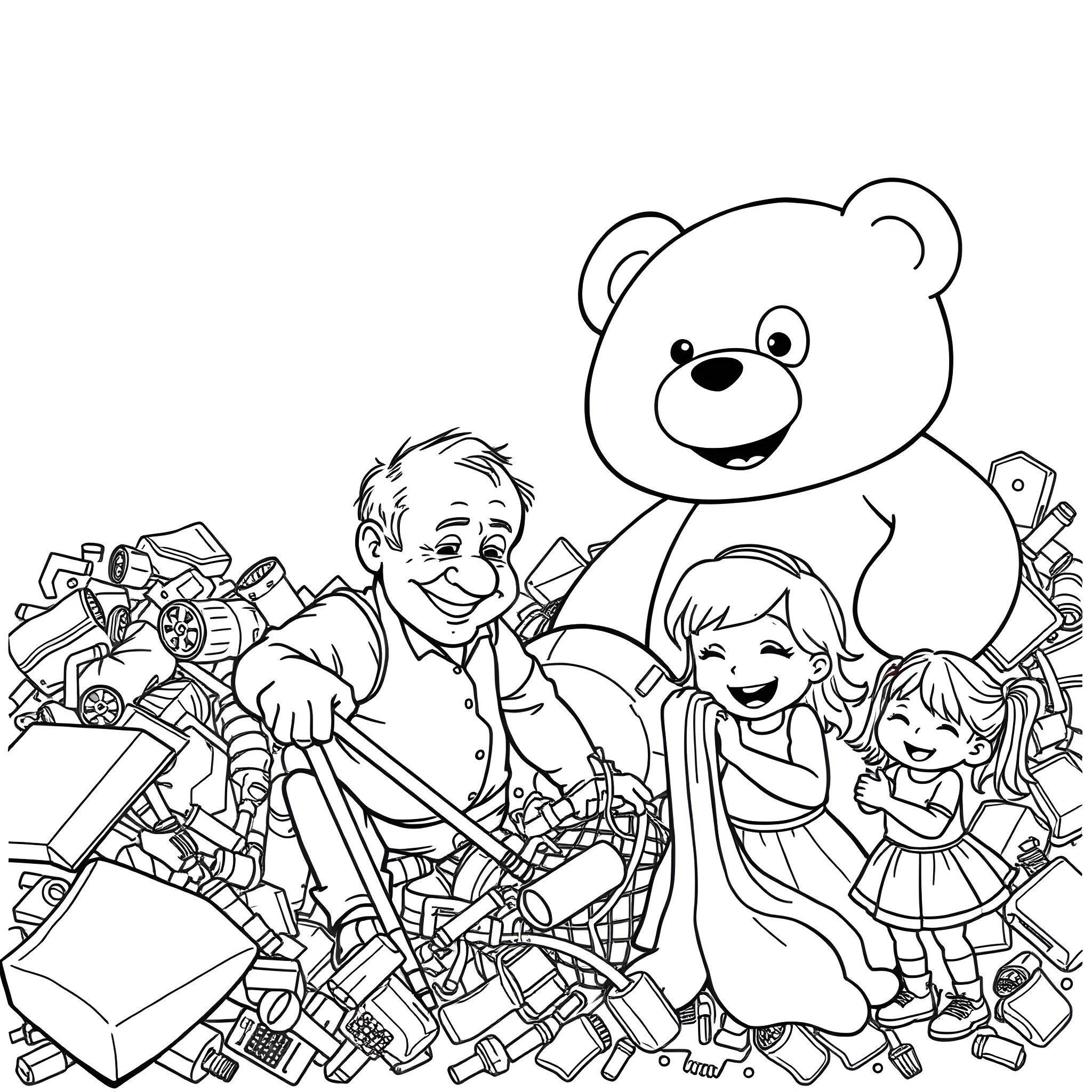 Geezer's Joyful Playtime with Children and Toys Coloring Page (free black-and-white line drawing printable PDF for all, from beginners to advanced learners, including children, teens, adults, and seniors)