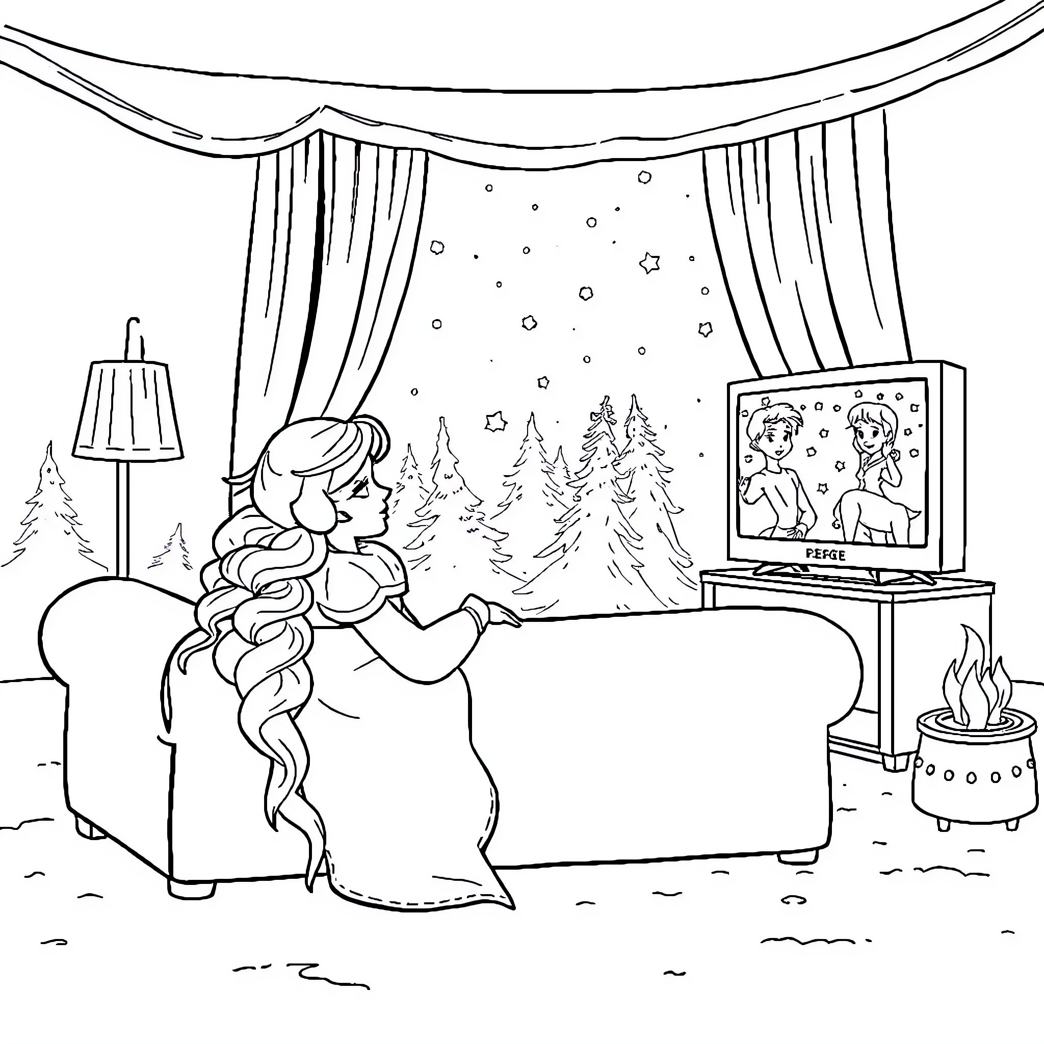 Snow Queen enjoying a winter evening at home Coloring Page (free black-and-white line drawing printable PDF for all, from beginners to advanced learners, including children, teens, adults, and seniors)