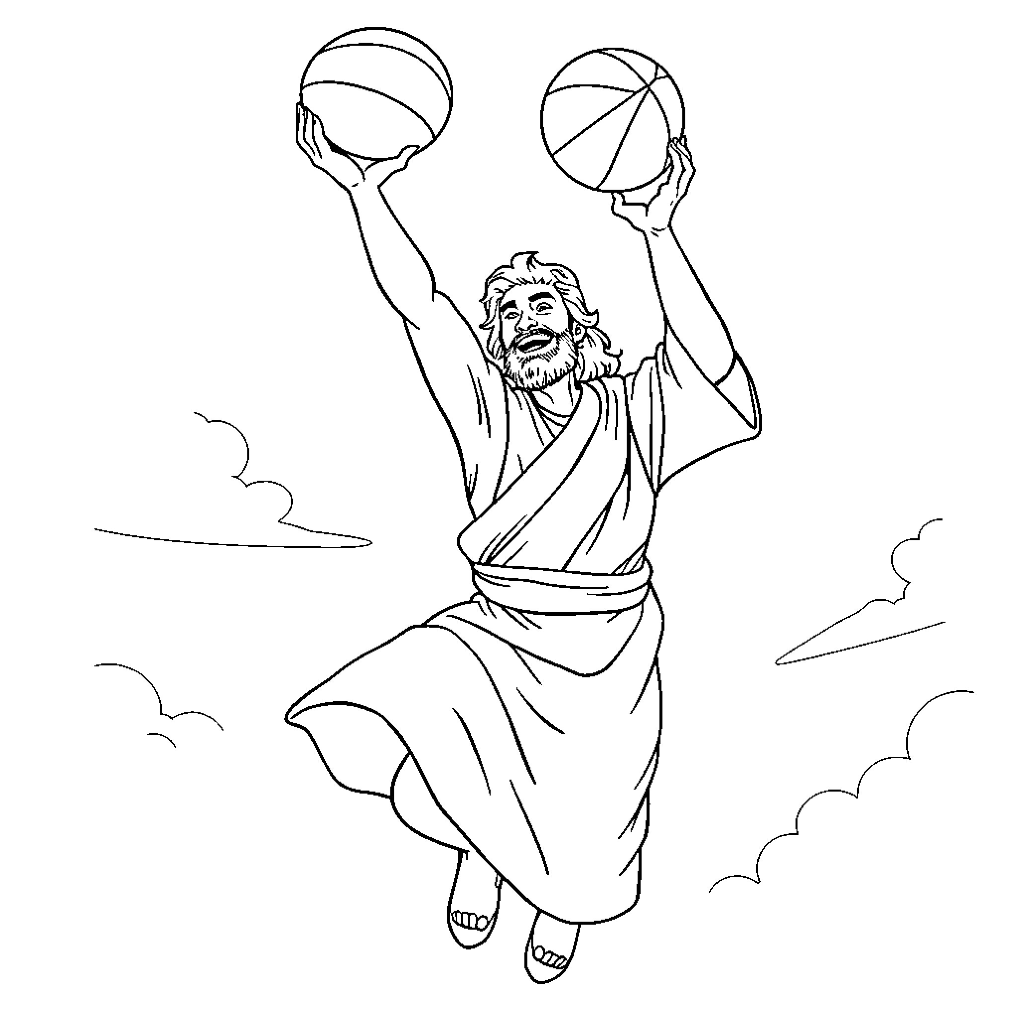Jesus playing with basketballs in the sky Coloring Page (free black-and-white line drawing printable PDF for all, from beginners to advanced learners, including children, teens, adults, and seniors)
