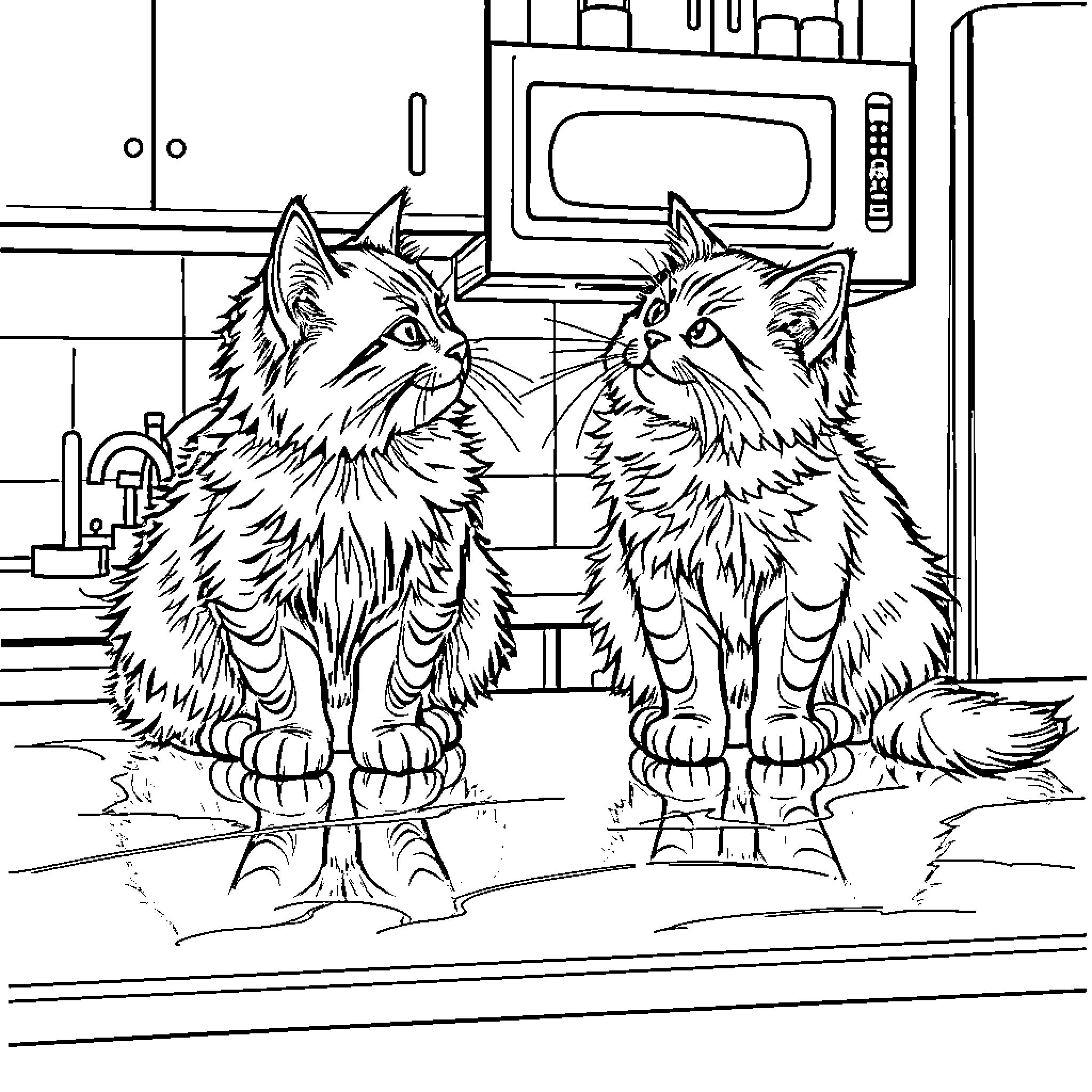 Cat companions in the kitchen Coloring Page (free black-and-white line drawing printable PDF for all, from beginners to advanced learners, including children, teens, adults, and seniors)