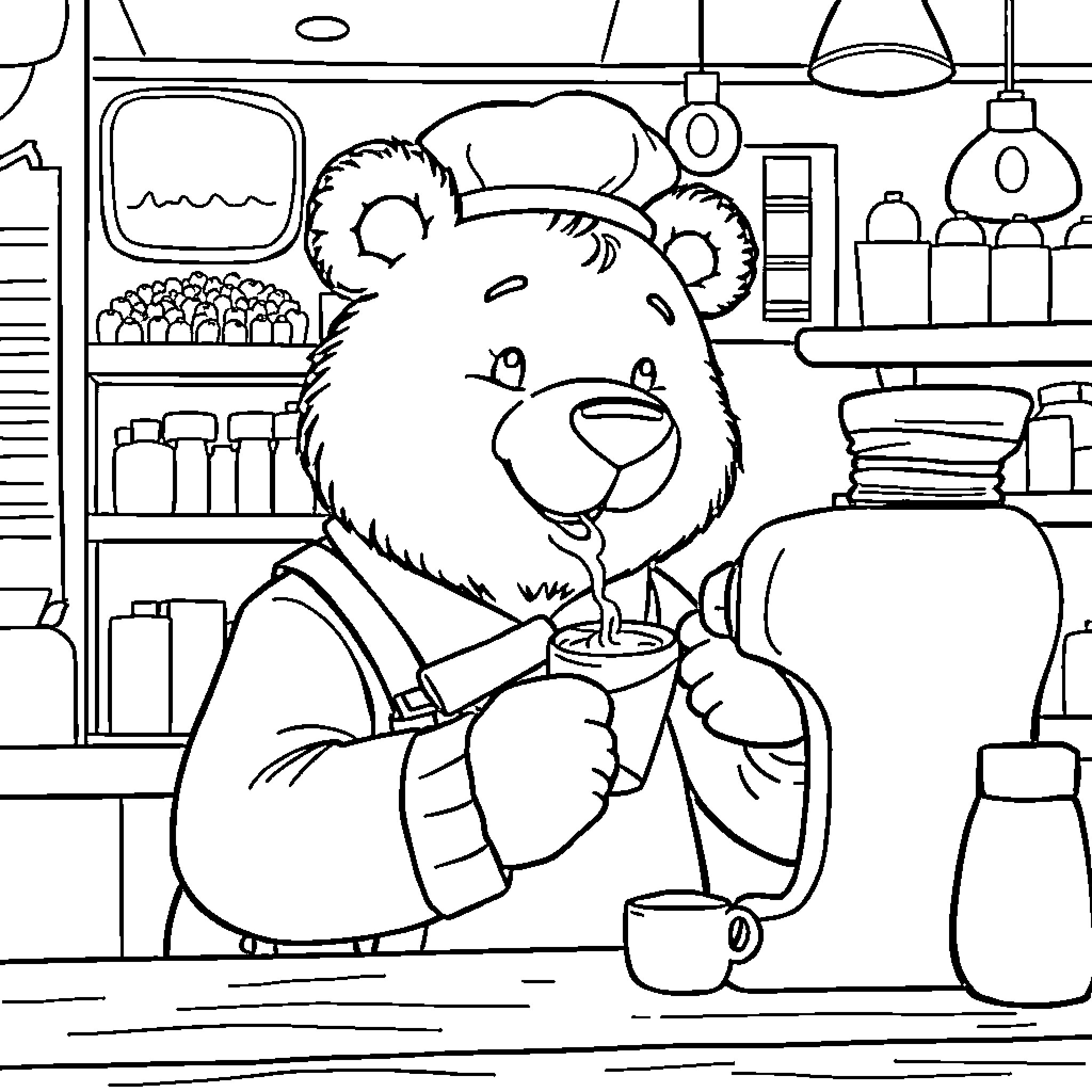 Bear working diligently in a cozy kitchen Coloring Page (free black-and-white line drawing printable PDF for all, from beginners to advanced learners, including children, teens, adults, and seniors)