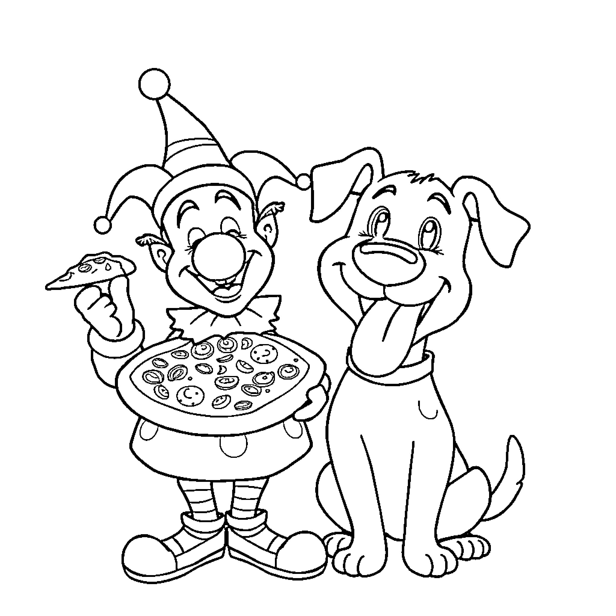 Clown and Puppy Enjoying Pizza Together Coloring Page (free black-and-white line drawing printable PDF for all, from beginners to advanced learners, including children, teens, adults, and seniors)