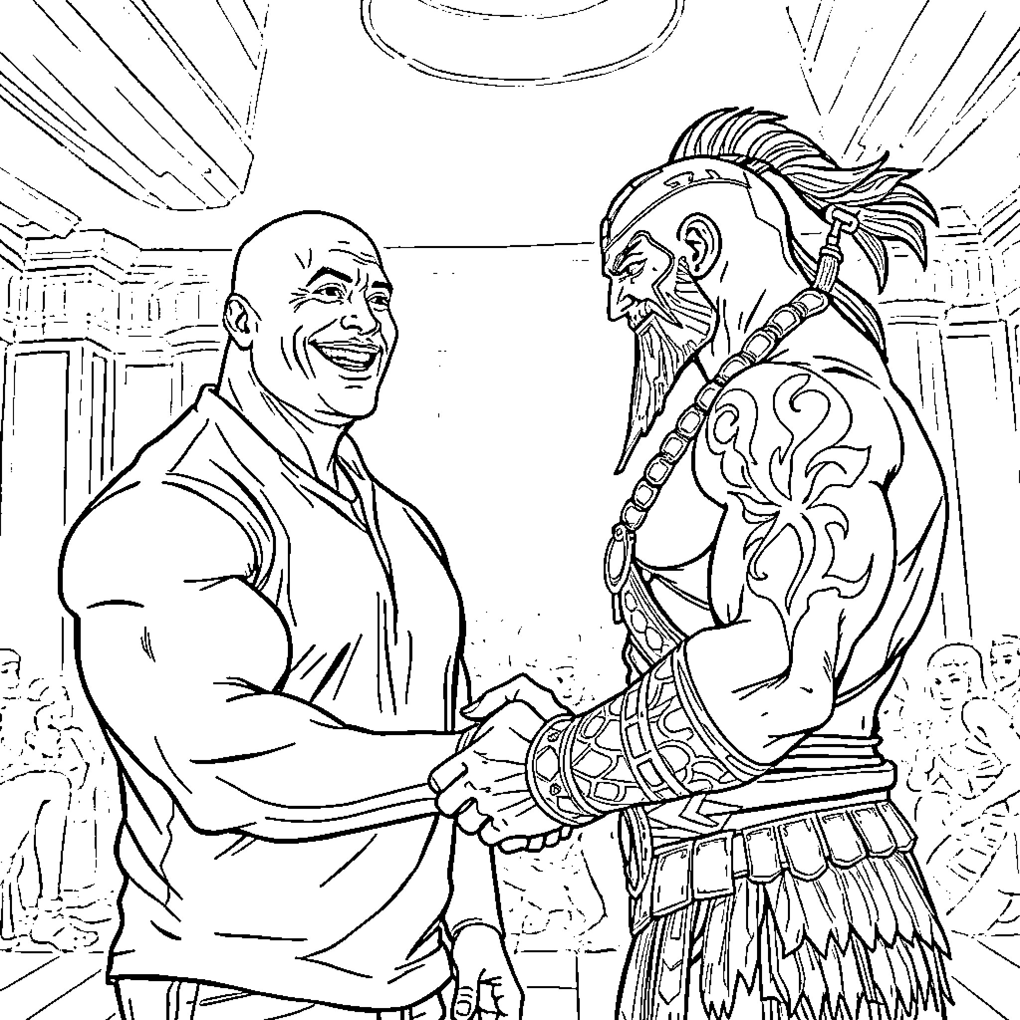 Dwayne Johnson and powerful warrior shaking hands Coloring Page (free black-and-white line drawing printable PDF for all, from beginners to advanced learners, including children, teens, adults, and seniors)
