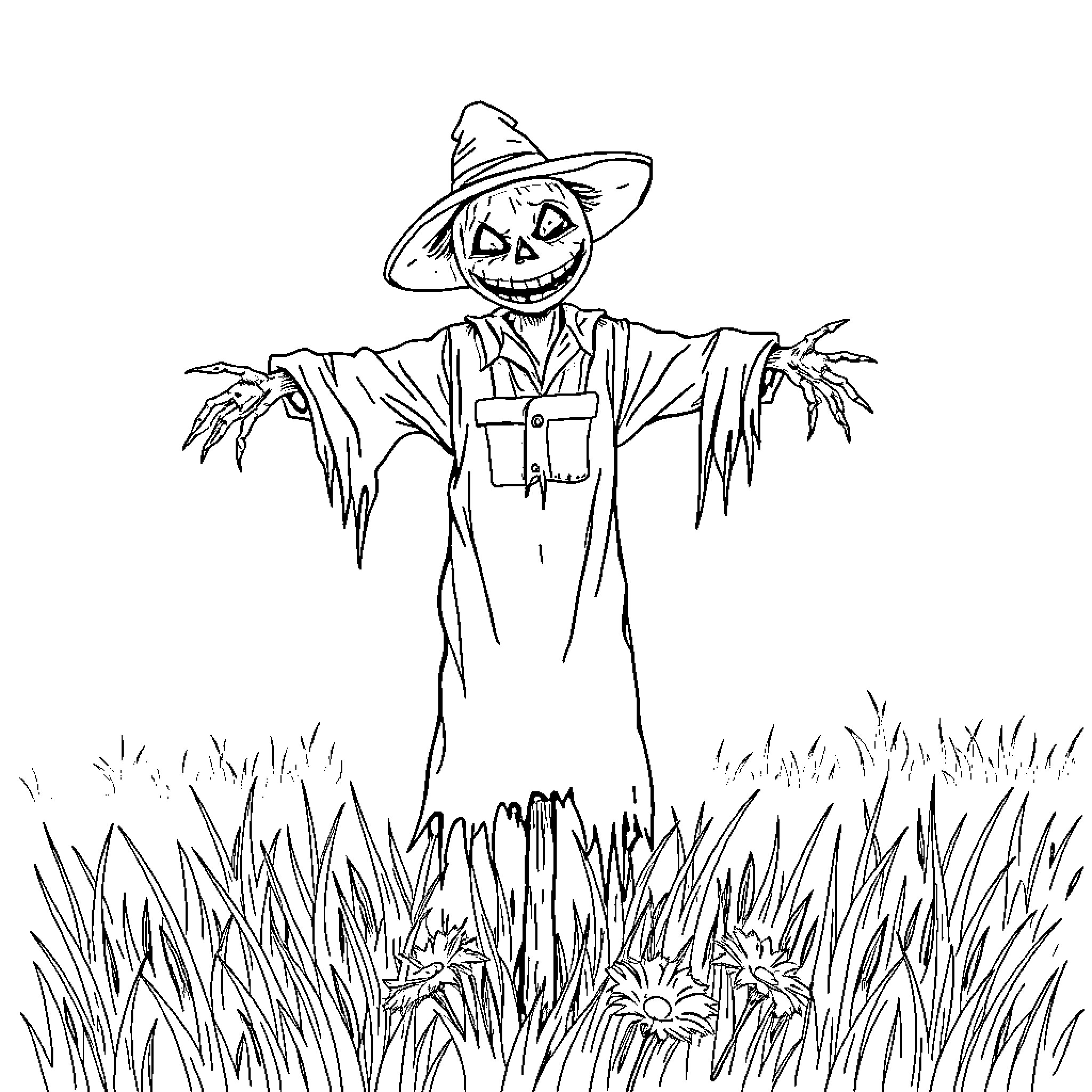 Scarecrow standing in a field of flowers Coloring Page (free black-and-white line drawing printable PDF for all, from beginners to advanced learners, including children, teens, adults, and seniors)