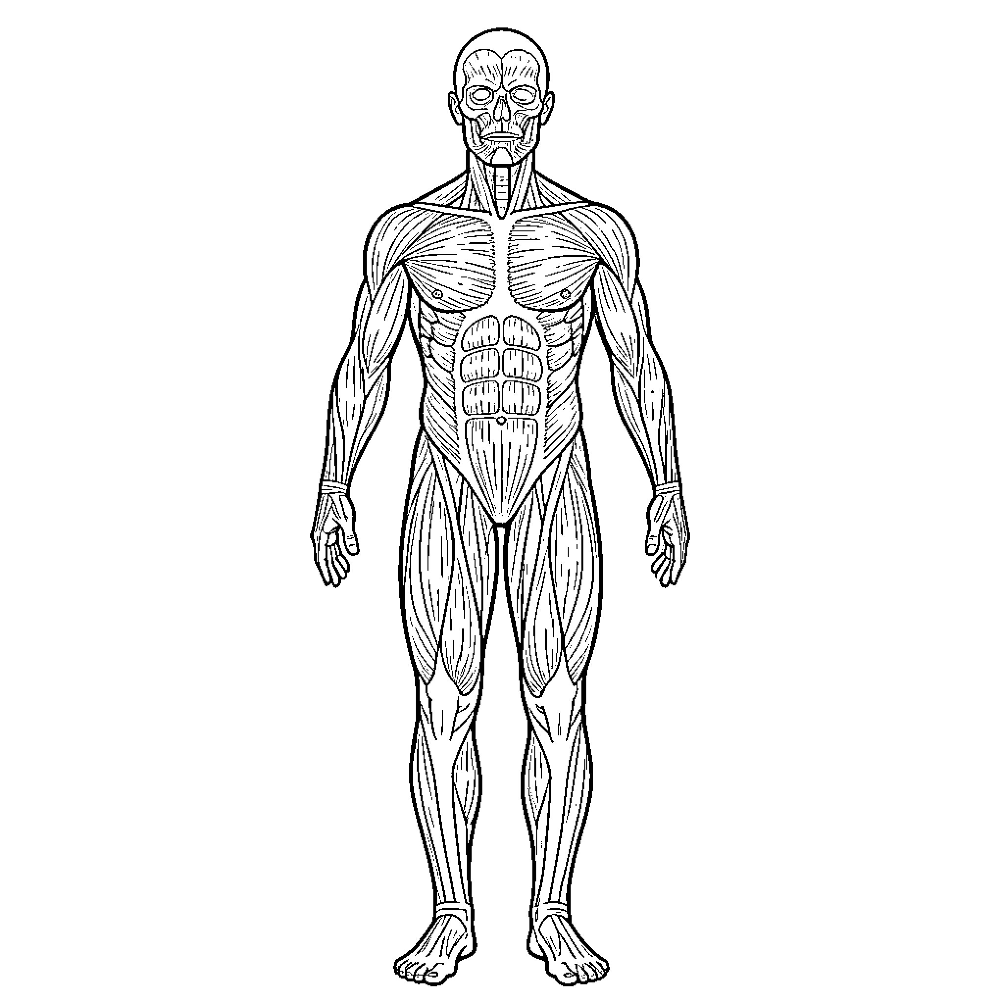 Muscle Anatomy of the Human Body Coloring Page (free black-and-white line drawing printable PDF for all, from beginners to advanced learners, including children, teens, adults, and seniors)