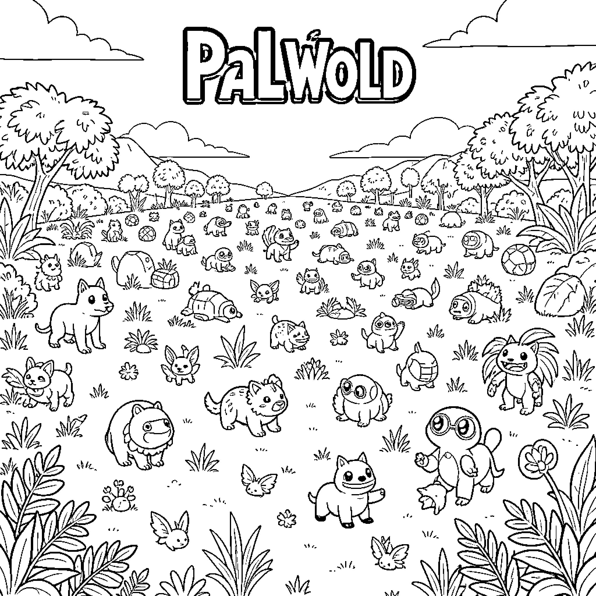 Pal creatures gathering in a vast grassy landscape Coloring Page (free black-and-white line drawing printable PDF for all, from beginners to advanced learners, including children, teens, adults, and seniors)