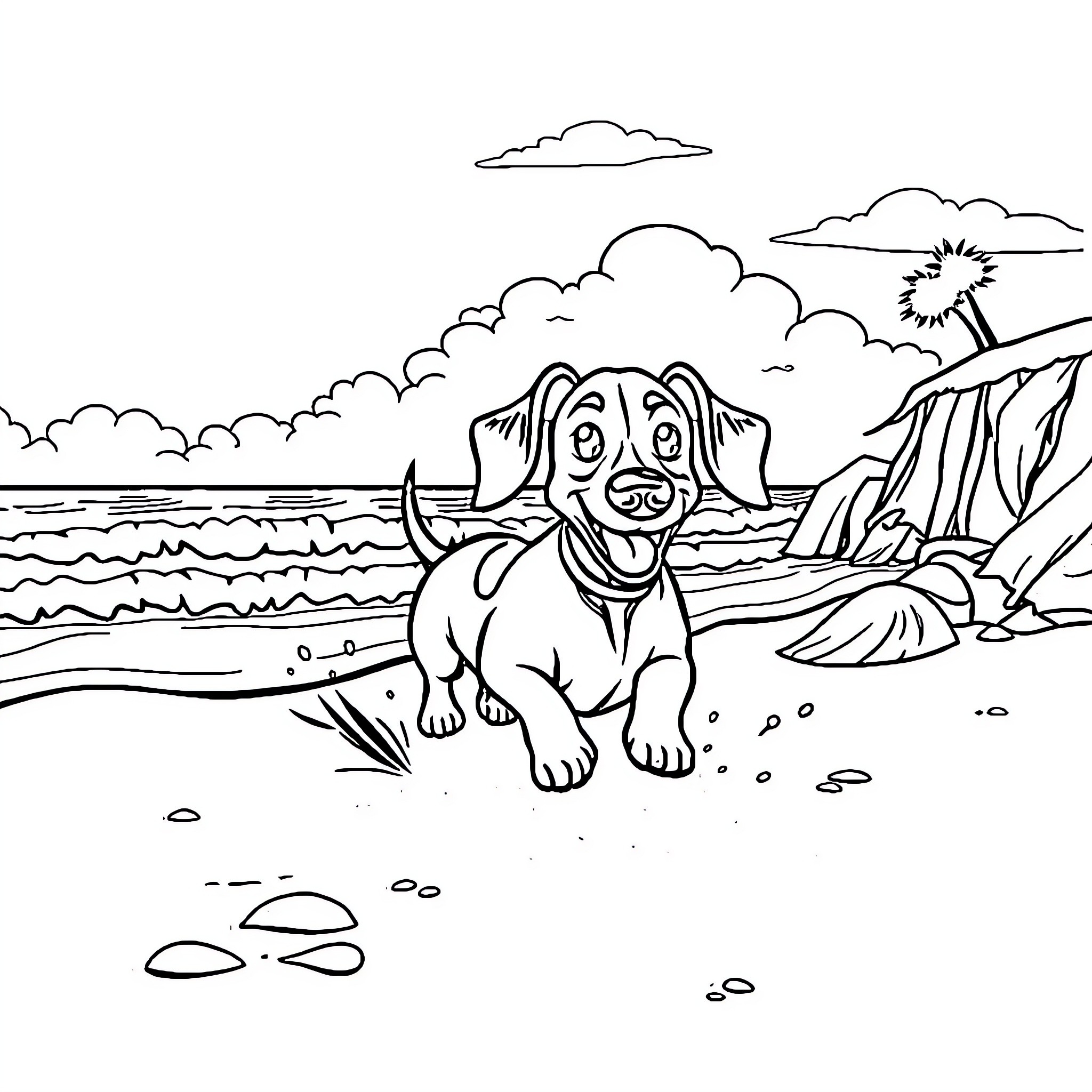 Dachshund exploring the beach Coloring Page (free black-and-white line drawing printable PDF for all, from beginners to advanced learners, including children, teens, adults, and seniors)