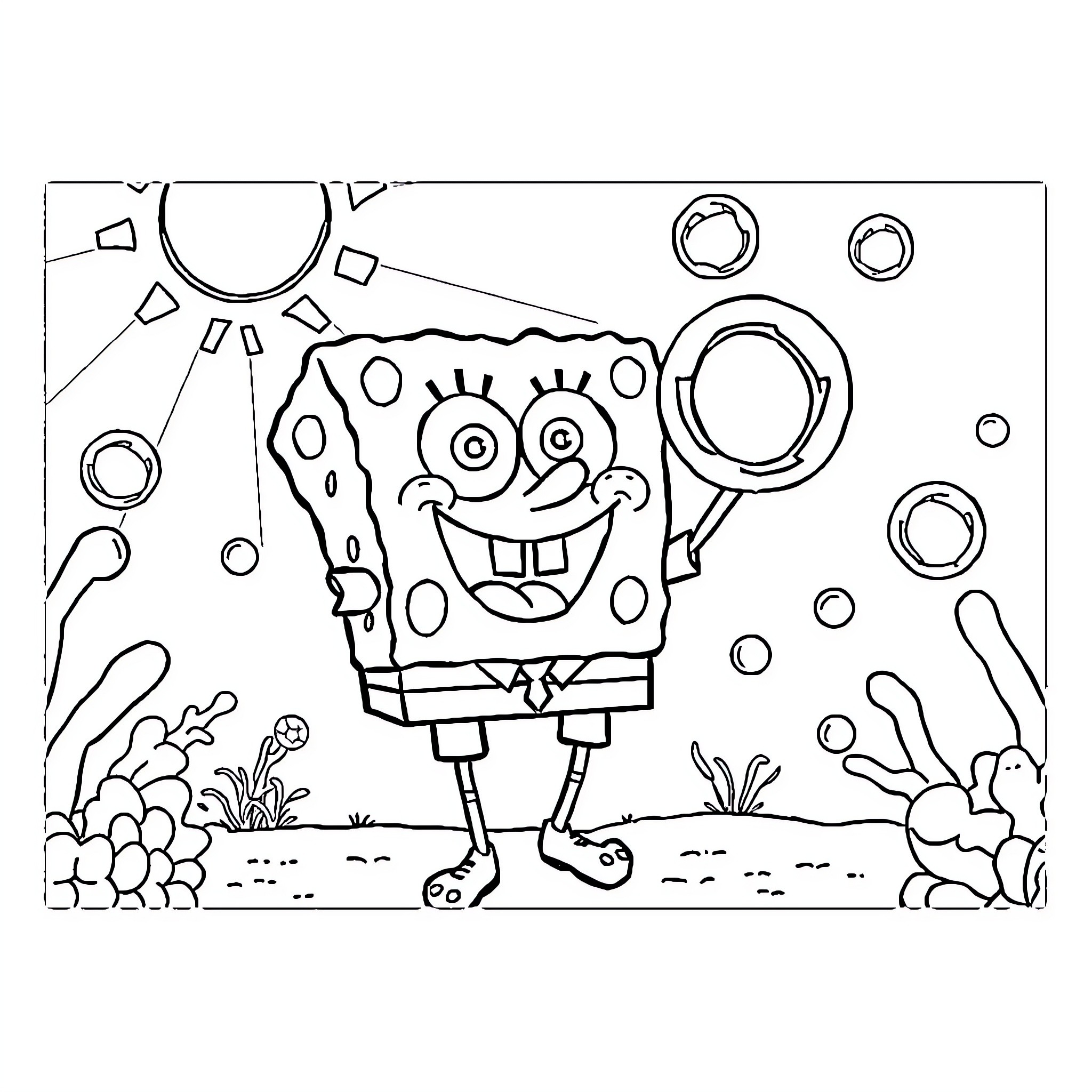 Spongebob Excited and Playful in Underwater Scene Coloring Page (free black-and-white line drawing printable PDF for all, from beginners to advanced learners, including children, teens, adults, and seniors)
