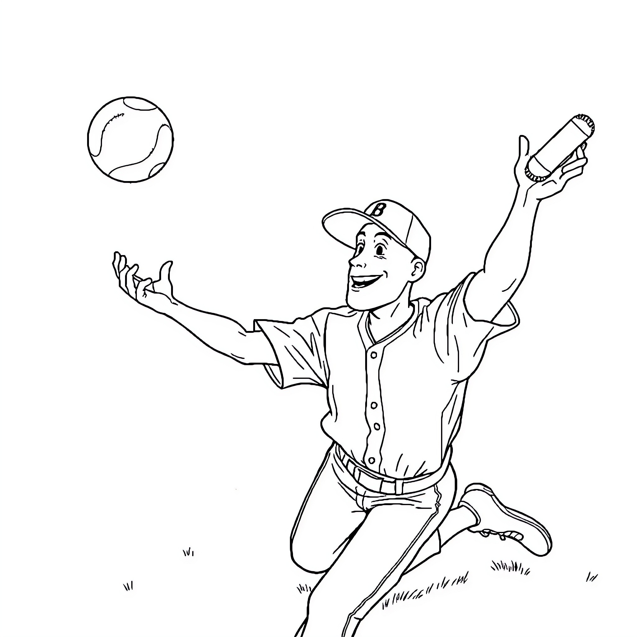 Baseball Player Catching and Celebrating Coloring Page (free black-and-white line drawing printable PDF for all, from beginners to advanced learners, including children, teens, adults, and seniors)