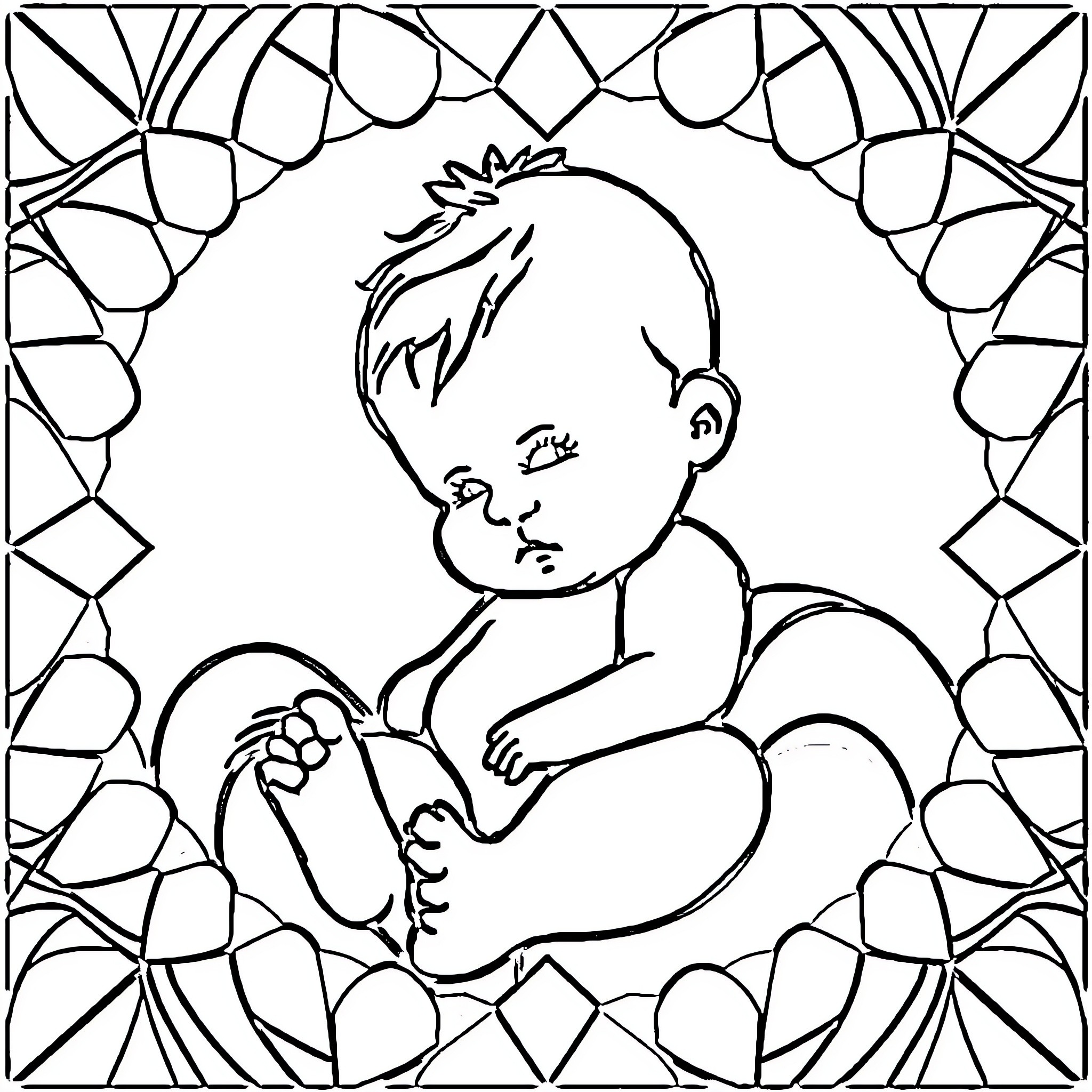 Baby sitting in decorative frame Coloring Page (free black-and-white line drawing printable PDF for all, from beginners to advanced learners, including children, teens, adults, and seniors)