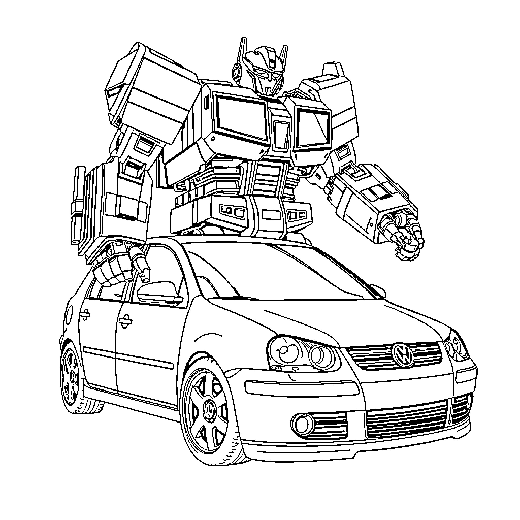 Transformer robot disguised as a car Coloring Page (free black-and-white line drawing printable PDF for all, from beginners to advanced learners, including children, teens, adults, and seniors)