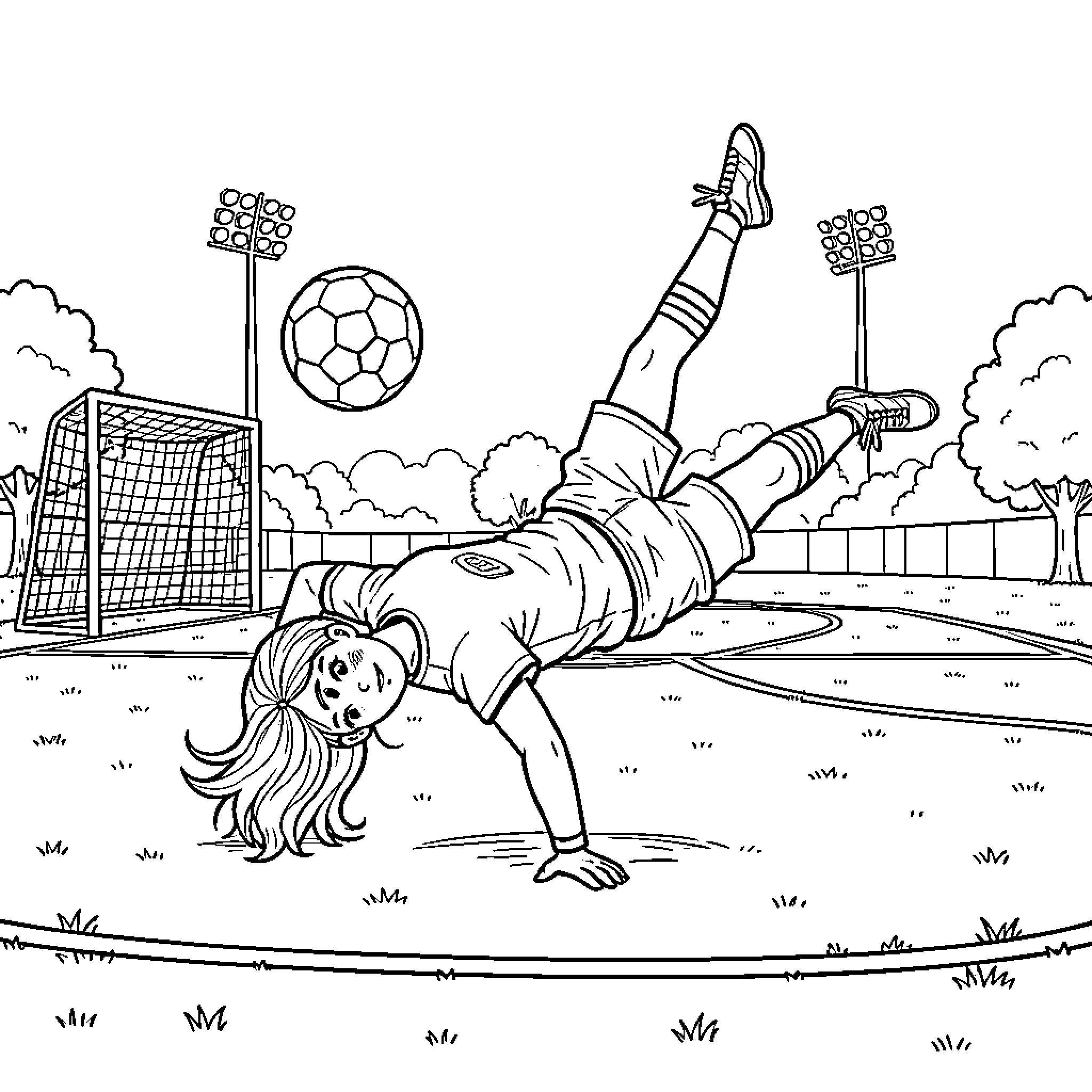 Sonia performing a handstand while playing soccer Coloring Page (free black-and-white line drawing printable PDF for all, from beginners to advanced learners, including children, teens, adults, and seniors)