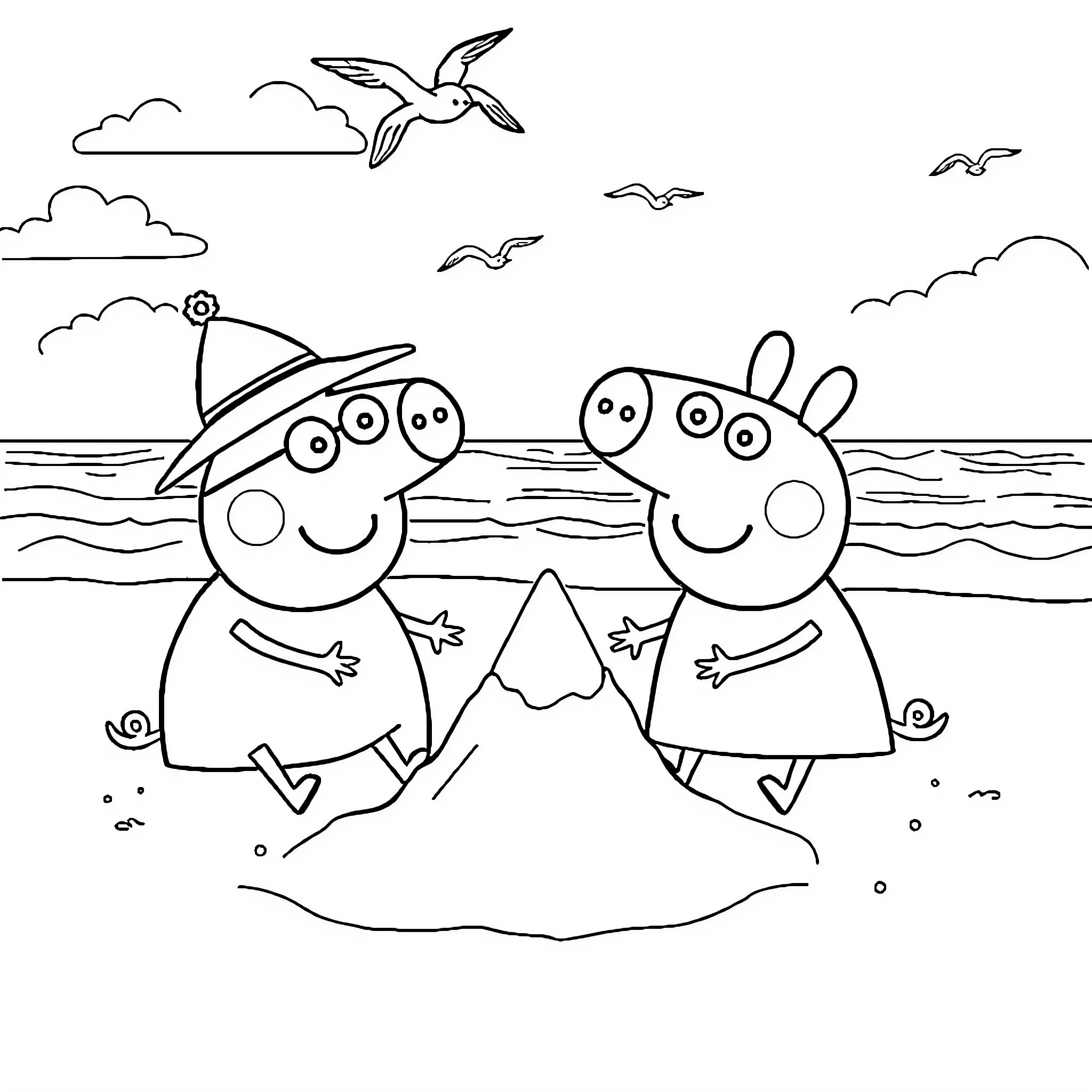 Peppa Pig and friends at the beach Coloring Page (free black-and-white line drawing printable PDF for all, from beginners to advanced learners, including children, teens, adults, and seniors)