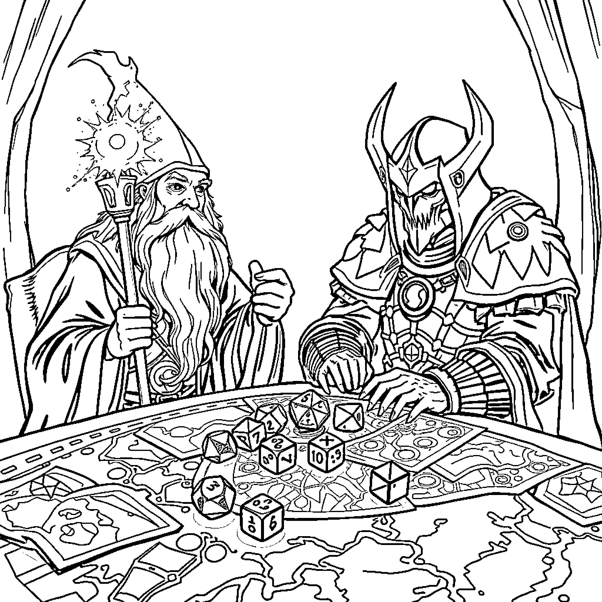 Gandalf and Archmage Discussing Plans on the Map Coloring Page (free black-and-white line drawing printable PDF for all, from beginners to advanced learners, including children, teens, adults, and seniors)