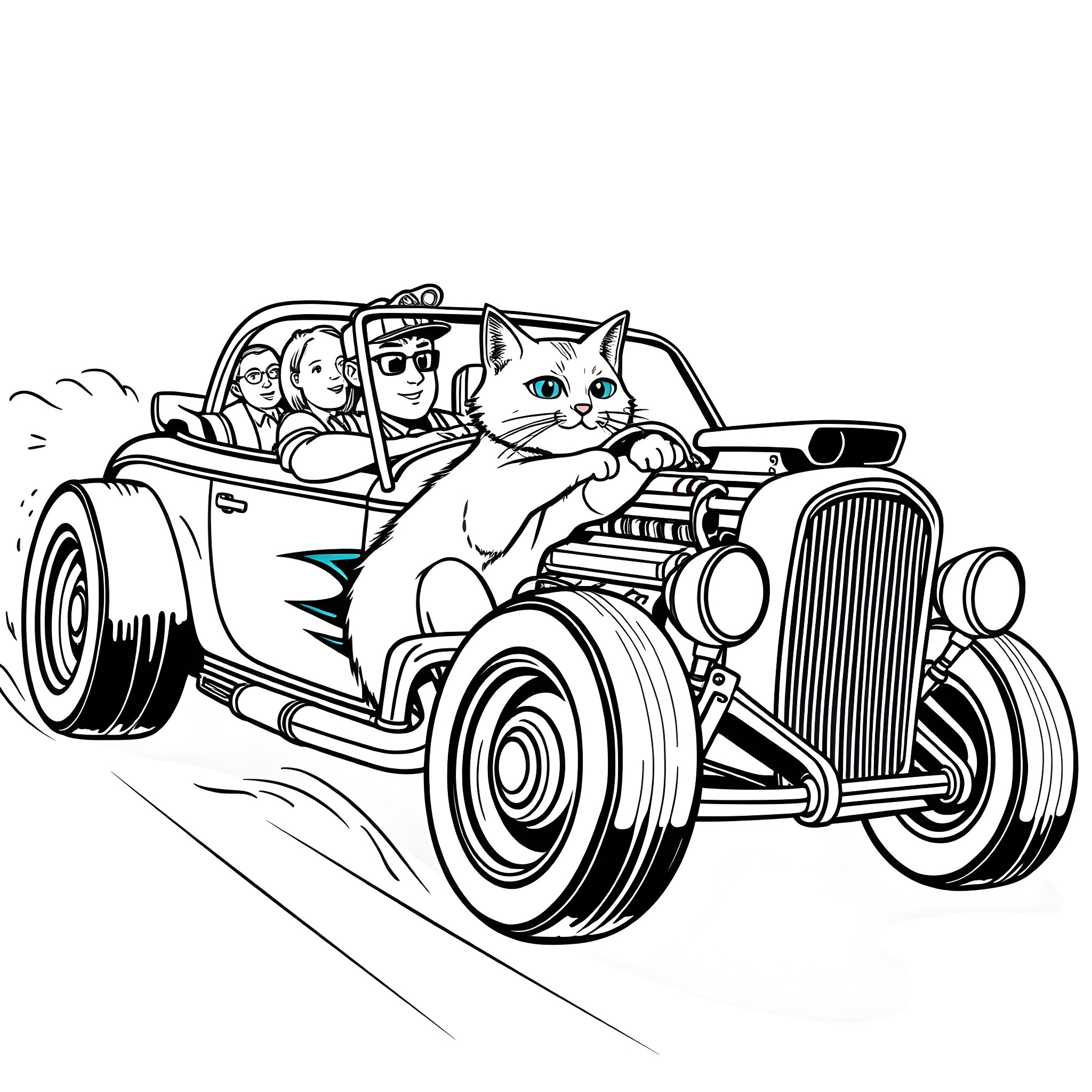 Cat driving a car with friends Coloring Page (free black-and-white line drawing printable PDF for all, from beginners to advanced learners, including children, teens, adults, and seniors)