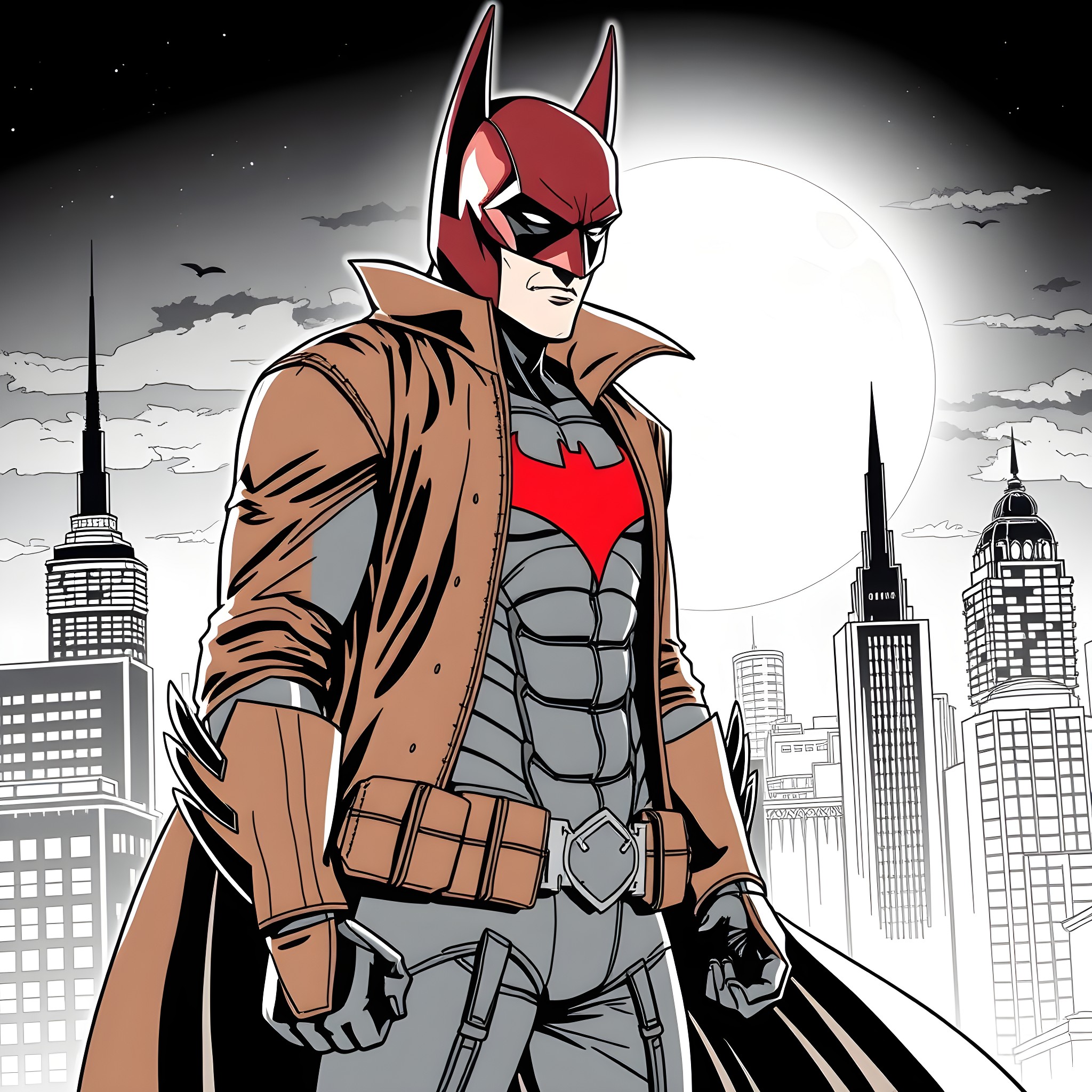 Red Hood Crimson Crusader in the City Skyline Coloring Page (free black-and-white line drawing printable PDF for all, from beginners to advanced learners, including children, teens, adults, and seniors)