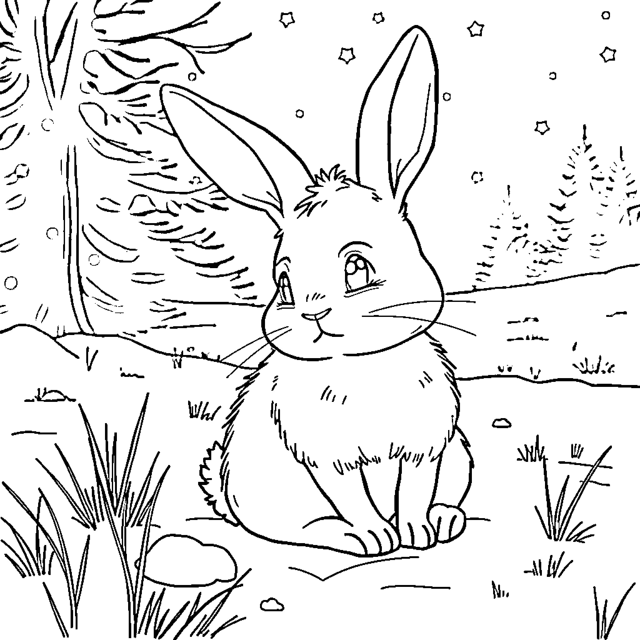 Bunny in a Whimsical Woodland Setting Coloring Page (free black-and-white line drawing printable PDF for all, from beginners to advanced learners, including children, teens, adults, and seniors)