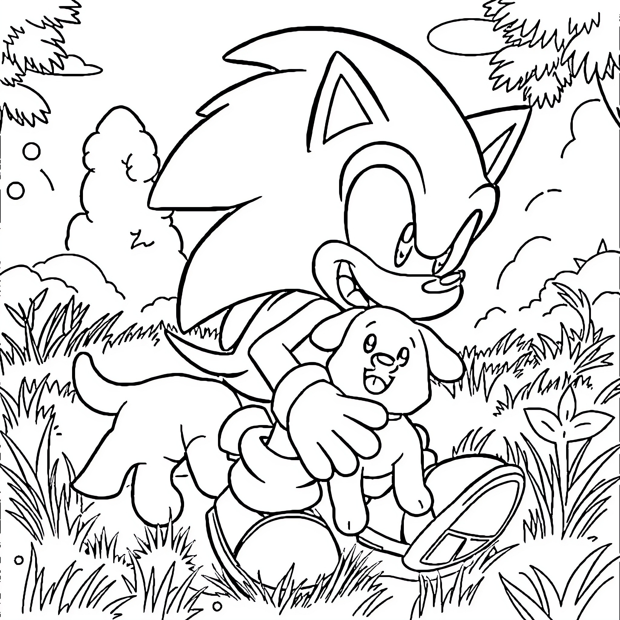 Sonic enjoying a leisurely stroll in the countryside Coloring Page (free black-and-white line drawing printable PDF for all, from beginners to advanced learners, including children, teens, adults, and seniors)