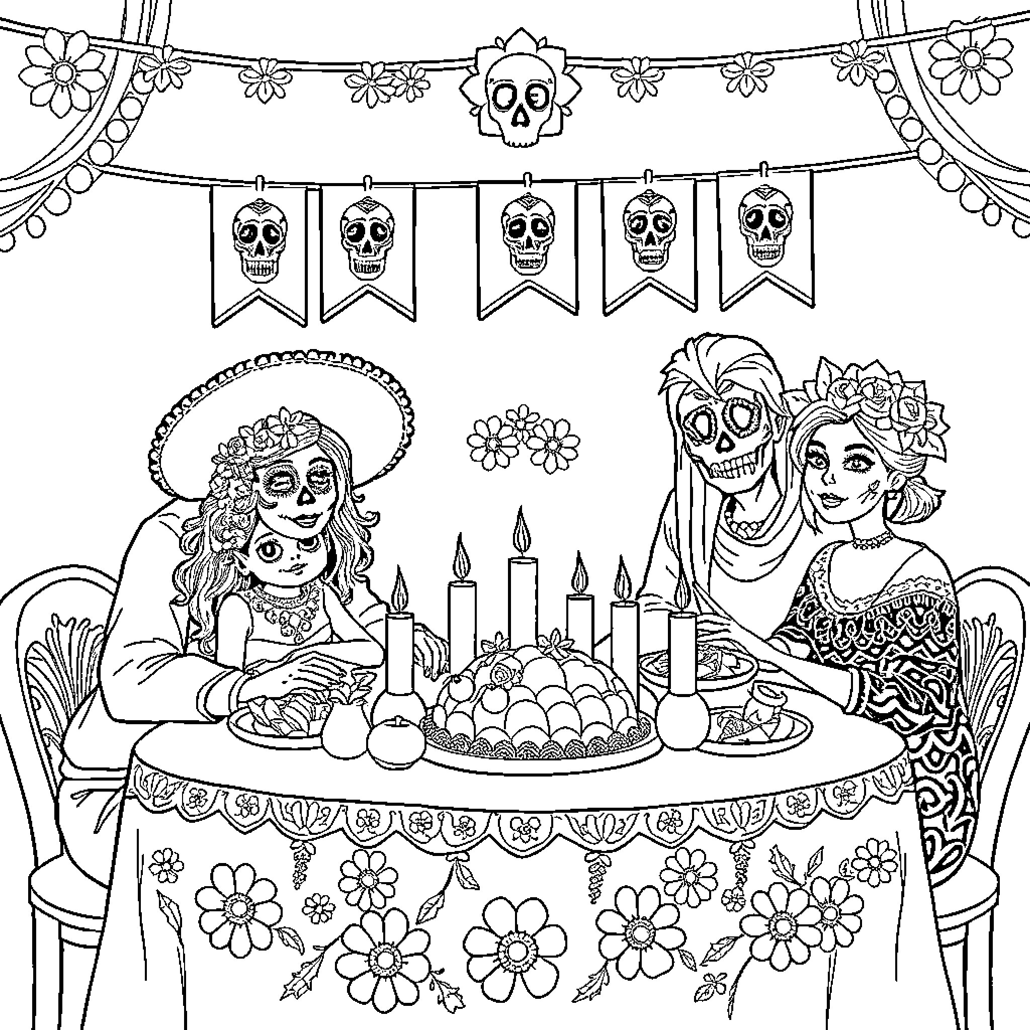 Family Celebrating Dia de los Muertos with Decorations Coloring Page (free black-and-white line drawing printable PDF for all, from beginners to advanced learners, including children, teens, adults, and seniors)