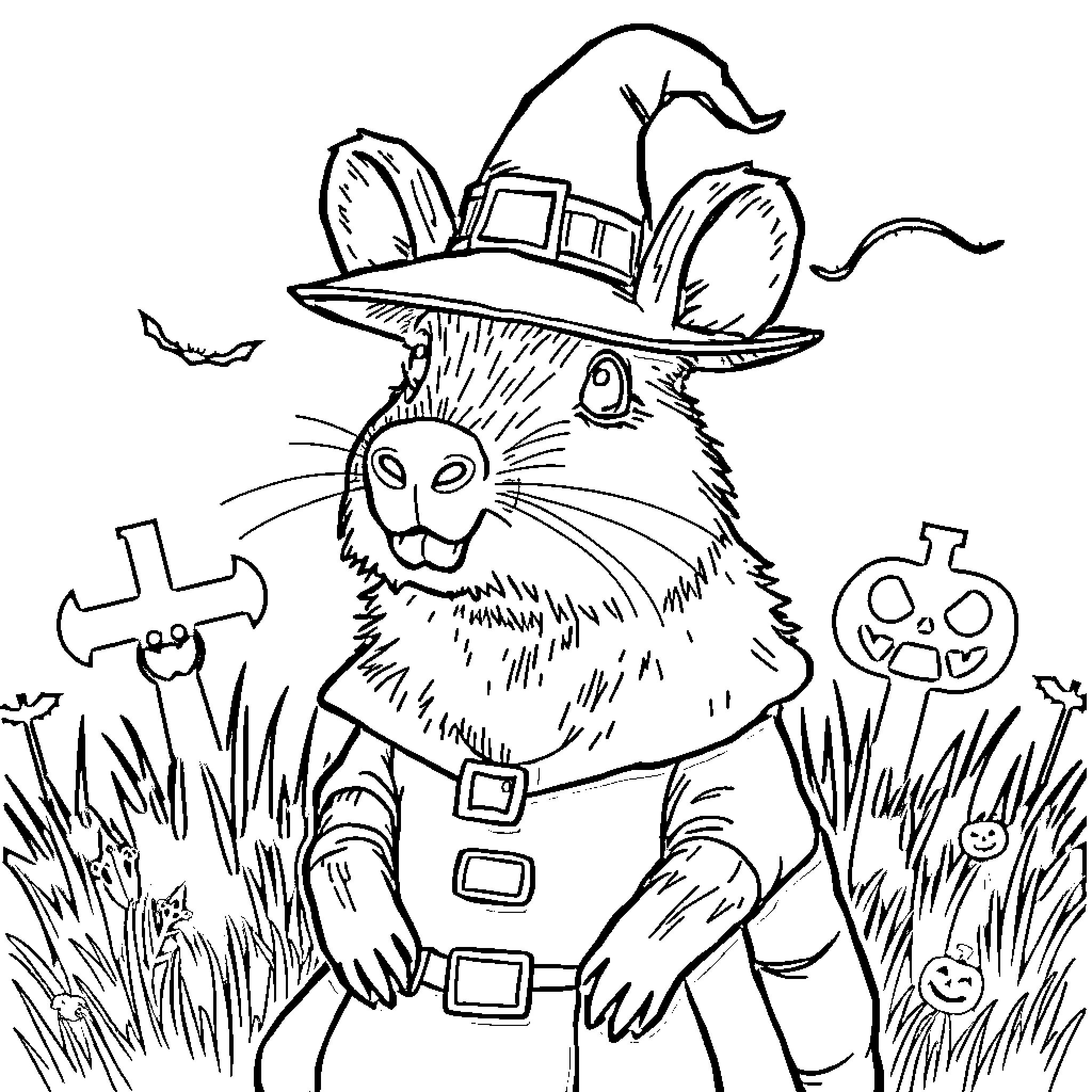 Capybara in Halloween Costume and Pumpkins Coloring Page (free black-and-white line drawing printable PDF for all, from beginners to advanced learners, including children, teens, adults, and seniors)