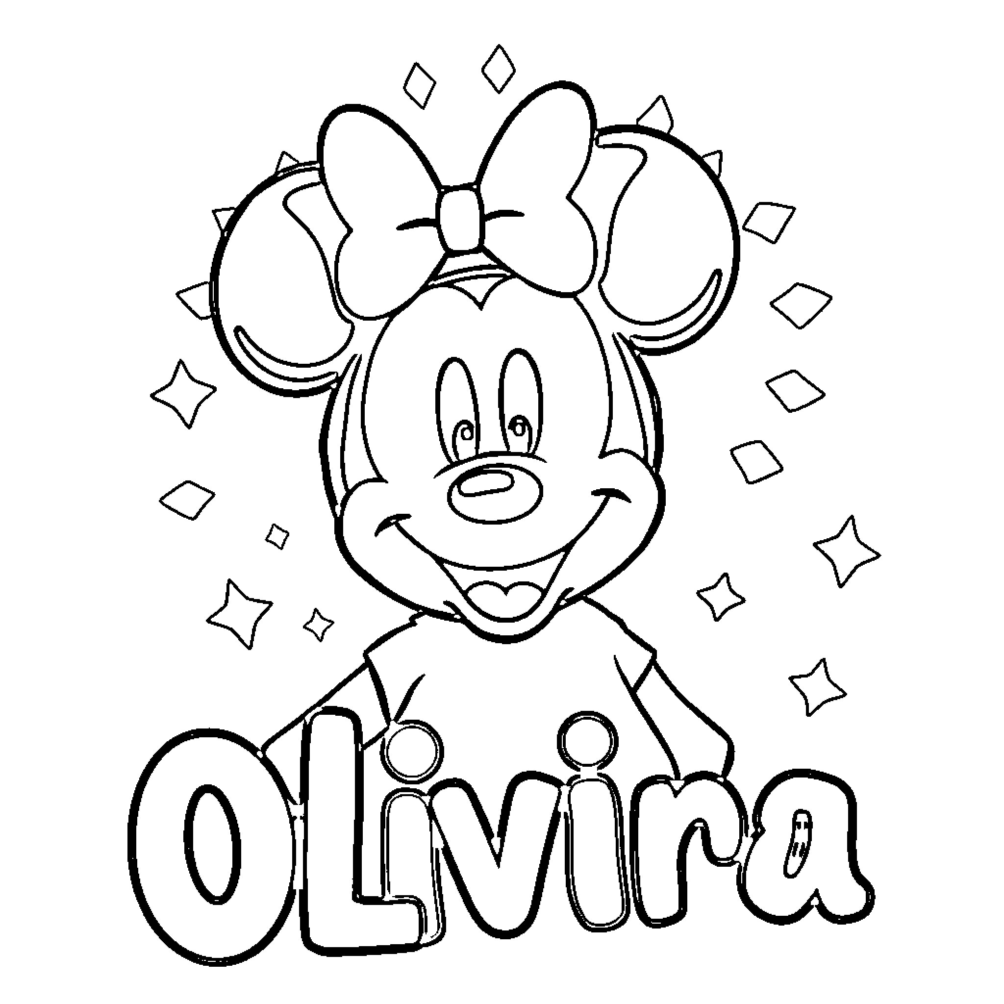 Mickey Mouse smiling with Olivia text Coloring Page (free black-and-white line drawing printable PDF for all, from beginners to advanced learners, including children, teens, adults, and seniors)