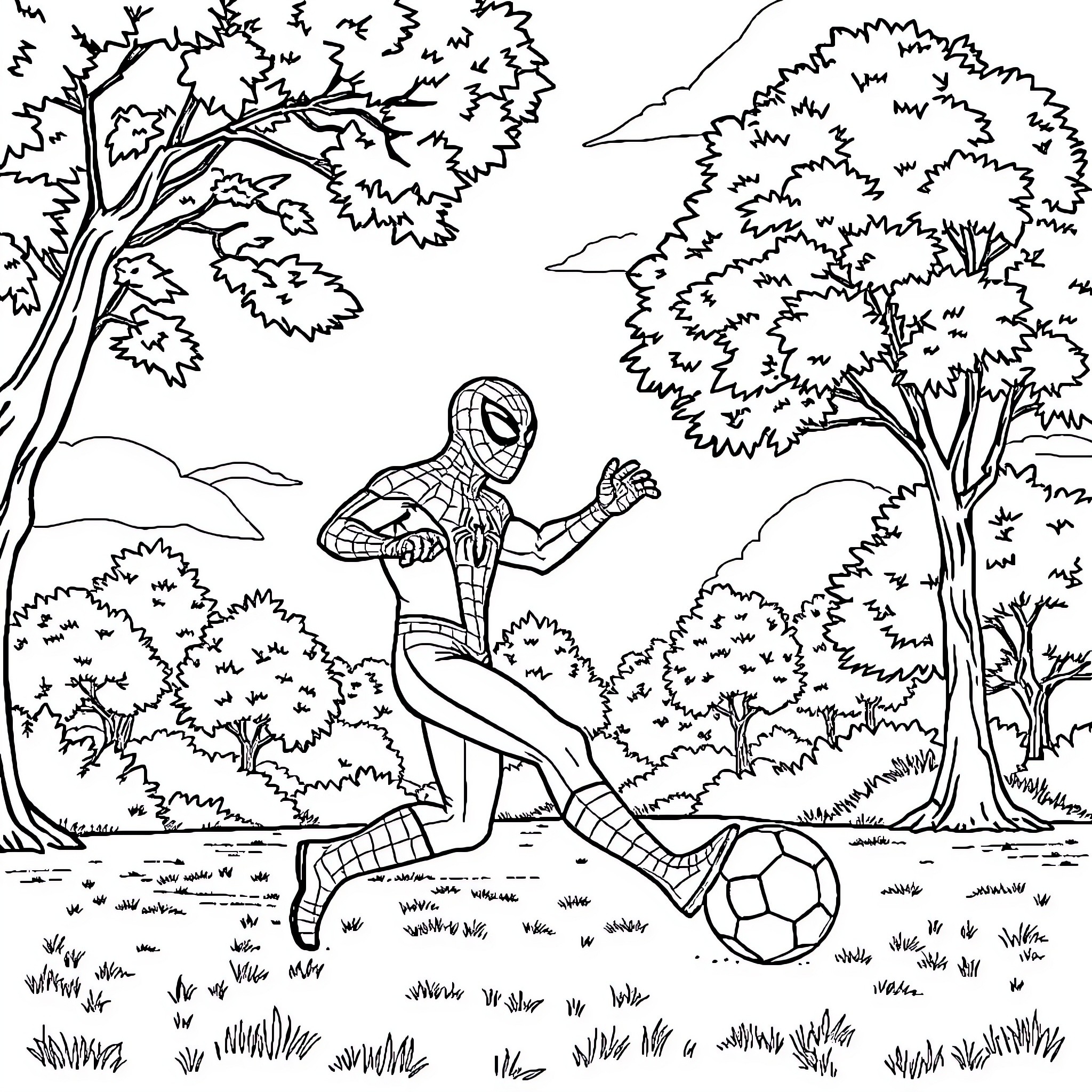 Spiderman playing soccer in the forest Coloring Page (free black-and-white line drawing printable PDF for all, from beginners to advanced learners, including children, teens, adults, and seniors)