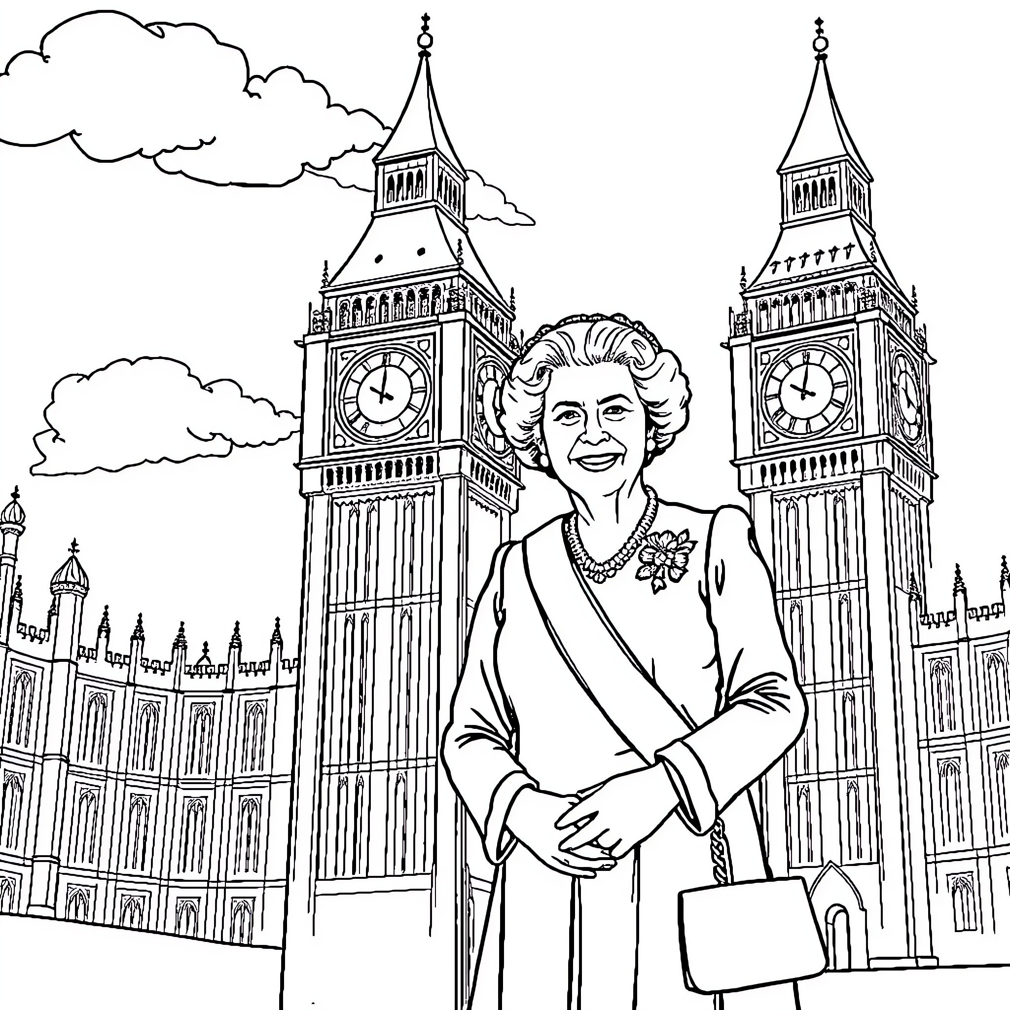 Queen Visits Iconic British Landmark Coloring Page (free black-and-white line drawing printable PDF for all, from beginners to advanced learners, including children, teens, adults, and seniors)