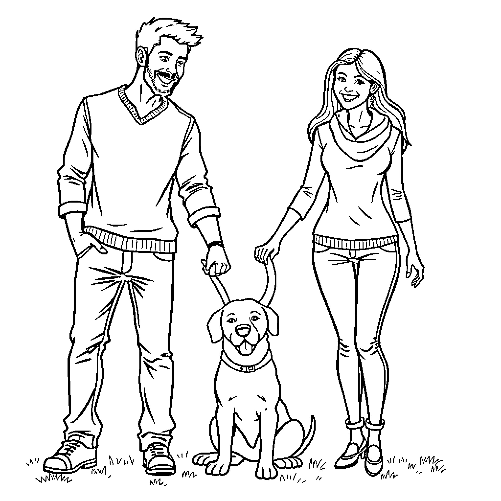 Family enjoying a pleasant walk with their dog Coloring Page (free black-and-white line drawing printable PDF for all, from beginners to advanced learners, including children, teens, adults, and seniors)