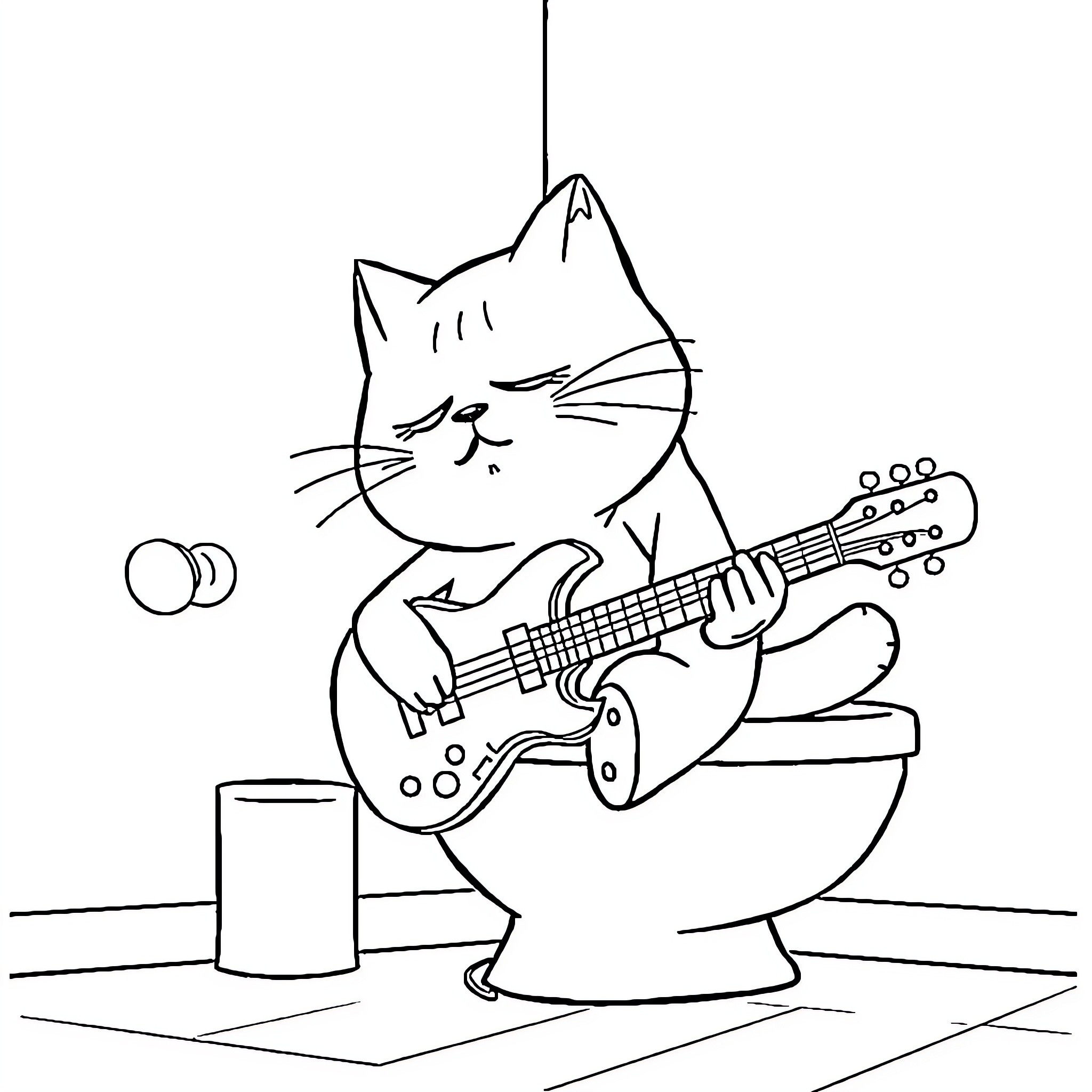 Hamtaro playing guitar on a toilet Coloring Page (free black-and-white line drawing printable PDF for all, from beginners to advanced learners, including children, teens, adults, and seniors)