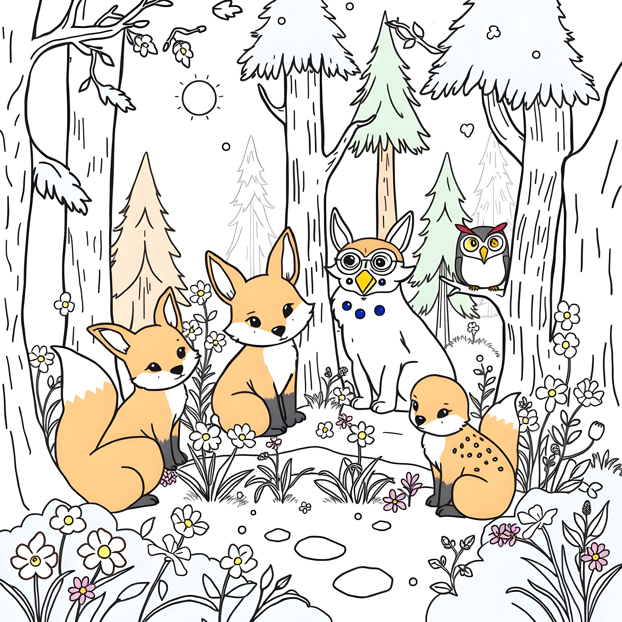 Animals in the Enchanted Forest Coloring Page (free black-and-white line drawing printable PDF for all, from beginners to advanced learners, including children, teens, adults, and seniors)