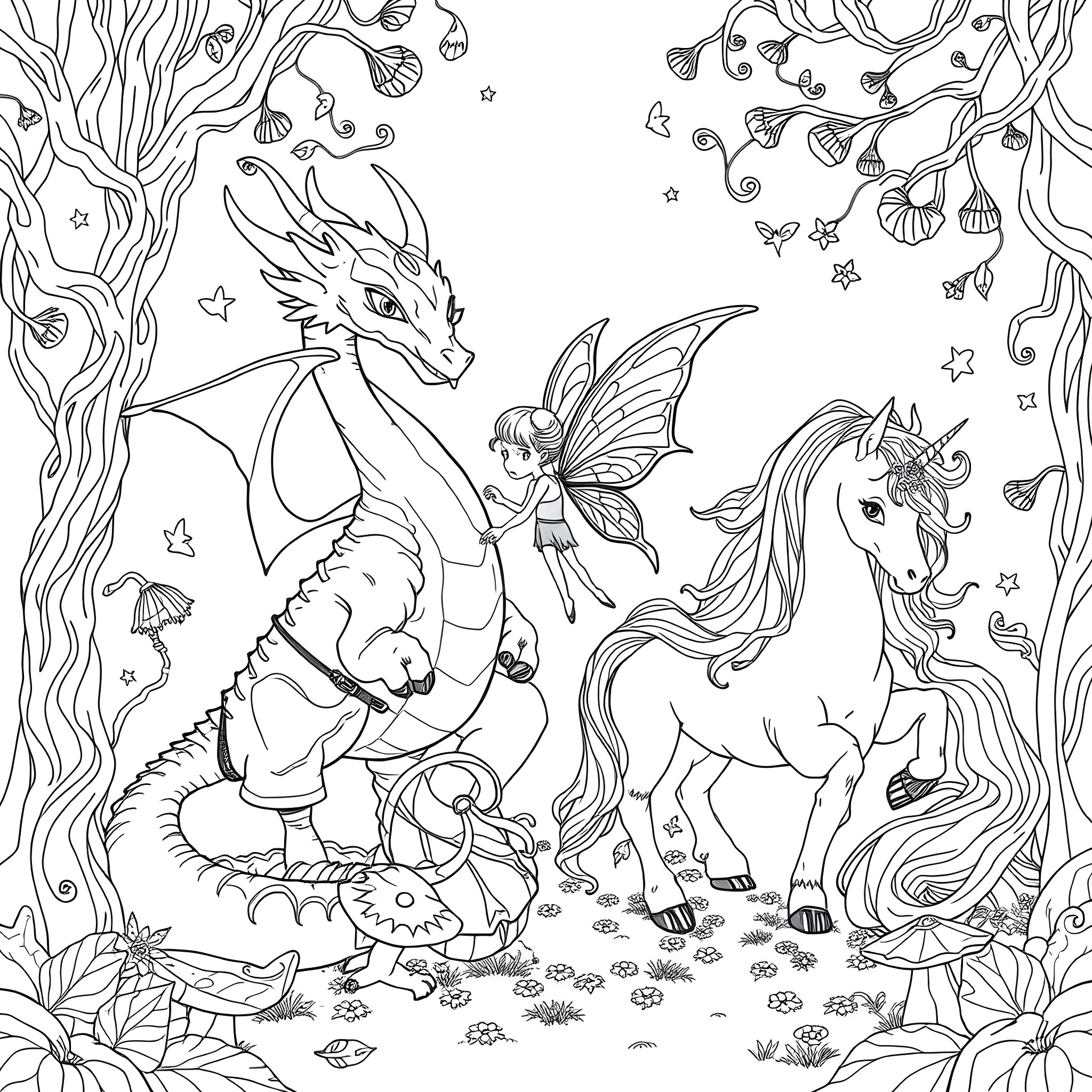 Mythical Creature Fantasy Scene with Dragon, Fairy, and Unicorn Coloring Page (free black-and-white line drawing printable PDF for all, from beginners to advanced learners, including children, teens, adults, and seniors)