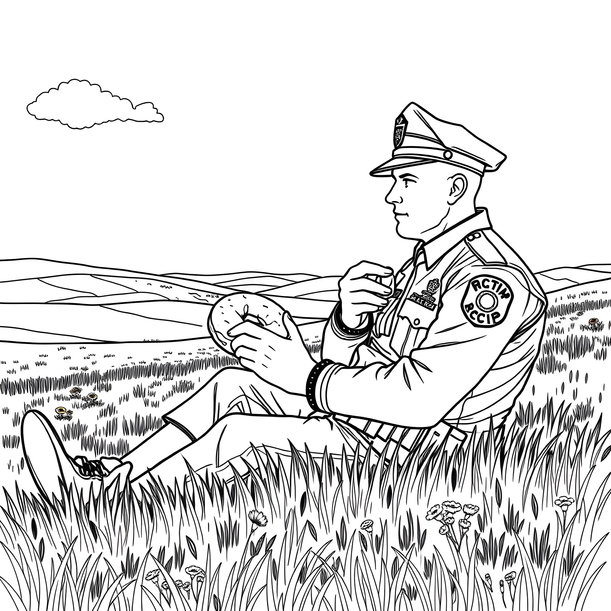 RCMP Officer Resting in the Grassy Field Coloring Page (free black-and-white line drawing printable PDF for all, from beginners to advanced learners, including children, teens, adults, and seniors)