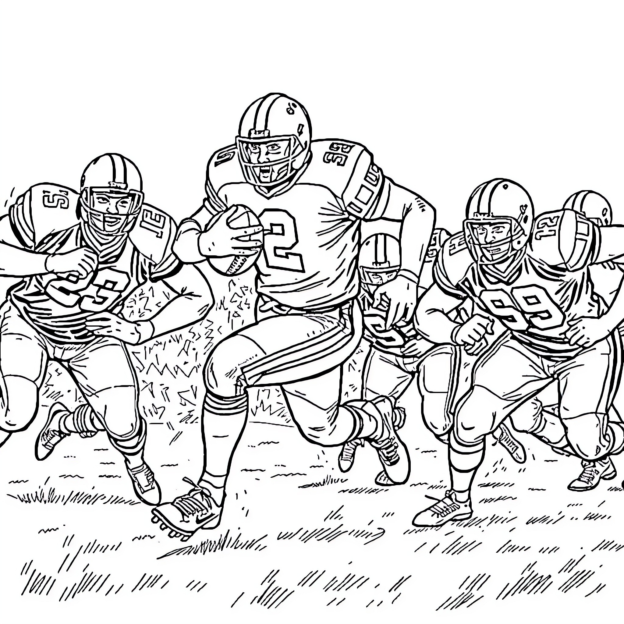 David Montgomery and teammates in intense football action Coloring Page (free black-and-white line drawing printable PDF for all, from beginners to advanced learners, including children, teens, adults, and seniors)