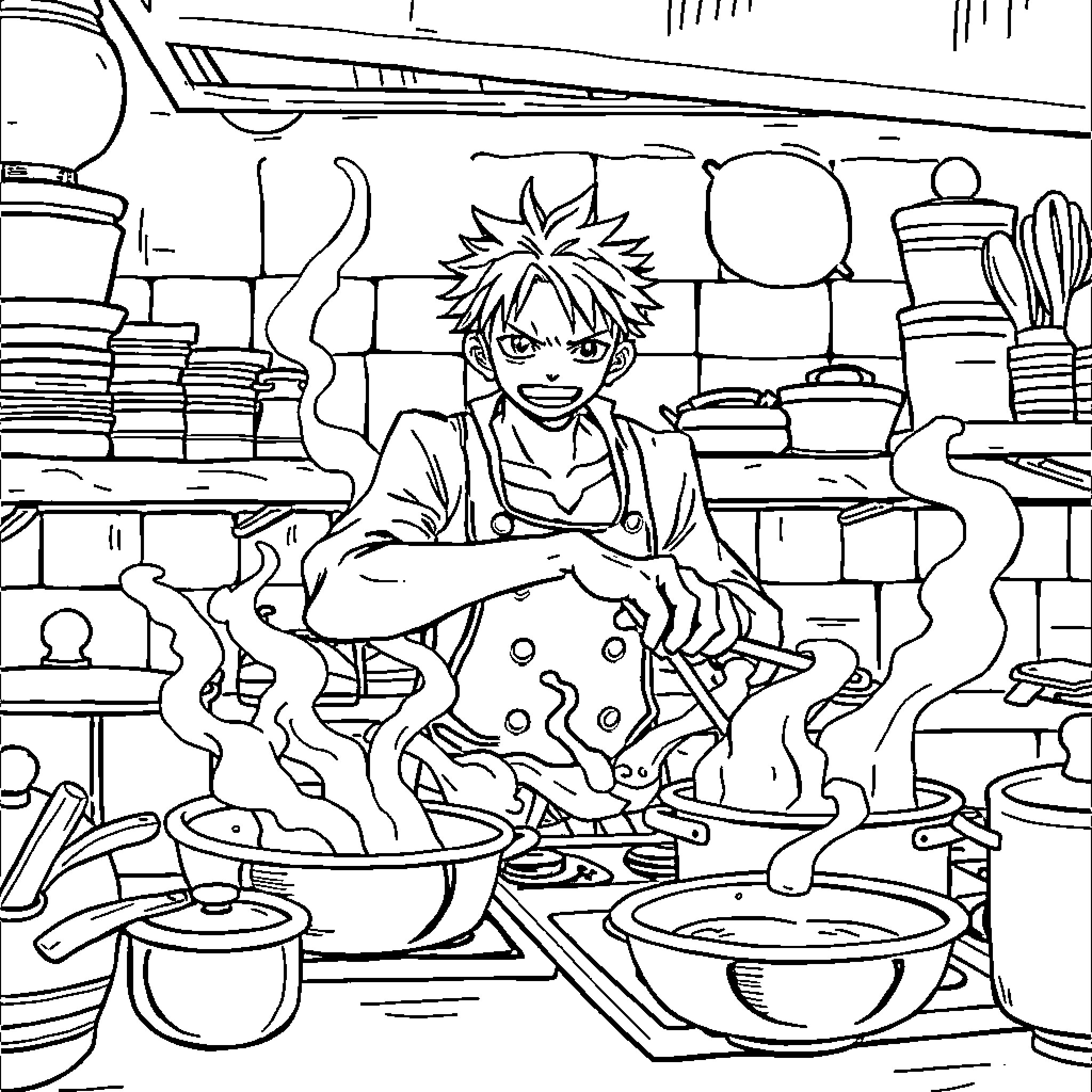 Sanji cooking with passion in the kitchen Coloring Page (free black-and-white line drawing printable PDF for all, from beginners to advanced learners, including children, teens, adults, and seniors)