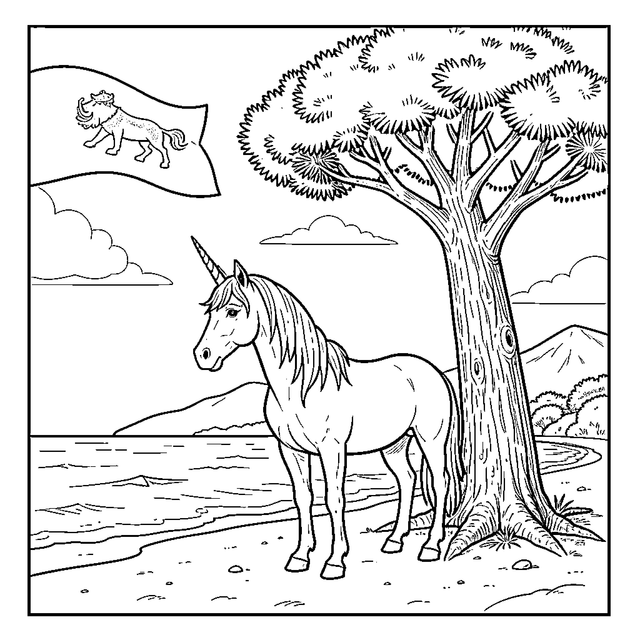 Unicorn standing peacefully by a large tree near the sea Coloring Page (free black-and-white line drawing printable PDF for all, from beginners to advanced learners, including children, teens, adults, and seniors)